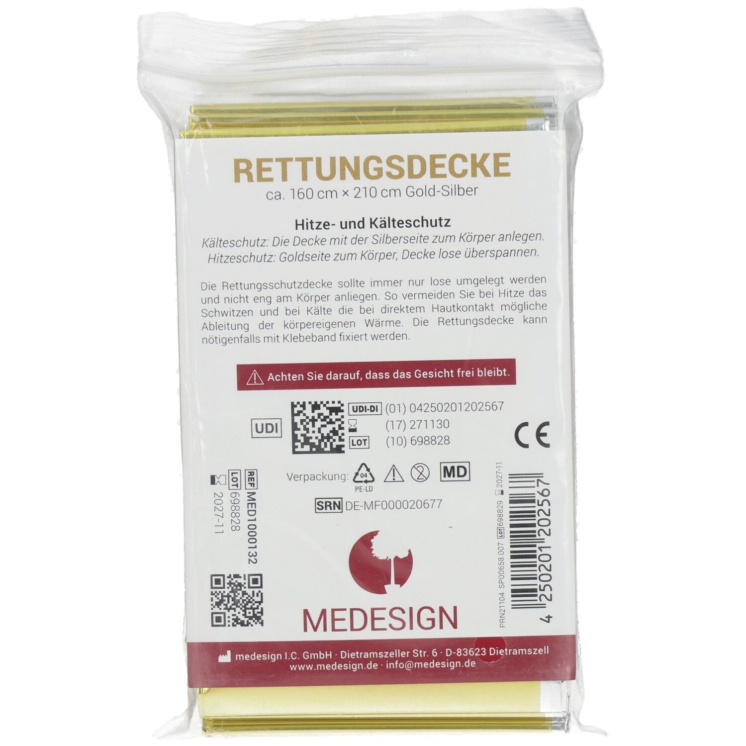Rückseite einer Rettungsdecke (210x160 cm Gold-Silber) in Verpackung mit Produktinformationen und CE-Kennzeichnung.