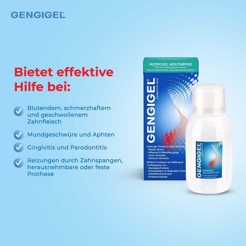 Gengigel Mundspüllösung. Text: Hilft bei blutendem Zahnfleisch, Aphten, etc. Produkt und Verpackung.