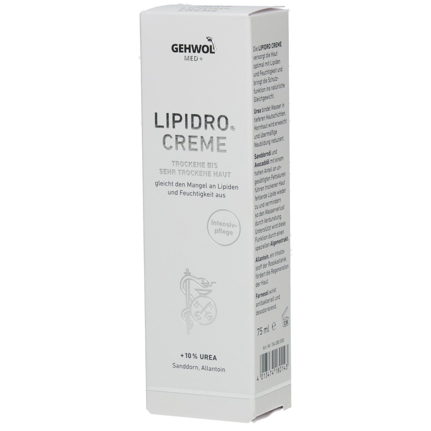 Weiße Verpackung mit Produktnamen LIPIDRO CREME. Enthält 10% Urea. Text: Trockene bis sehr trockene Haut. Marke: GEHWOL MED.