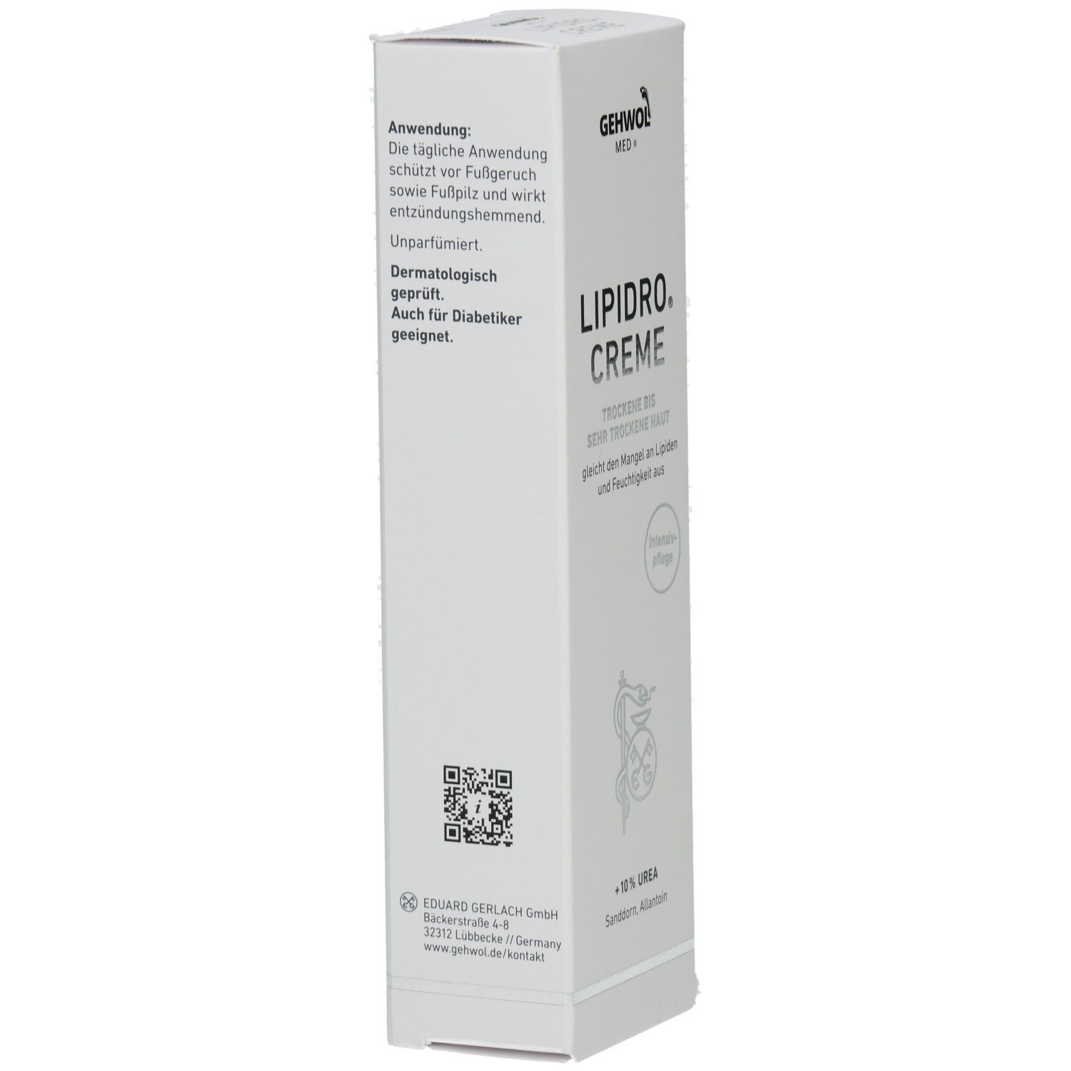 Weiße Verpackung mit Produktnamen LIPIDRO CREME. Text: Trockene bis sehr trockene Haut. Marke: GEHWOL MED. QR-Code und Text.