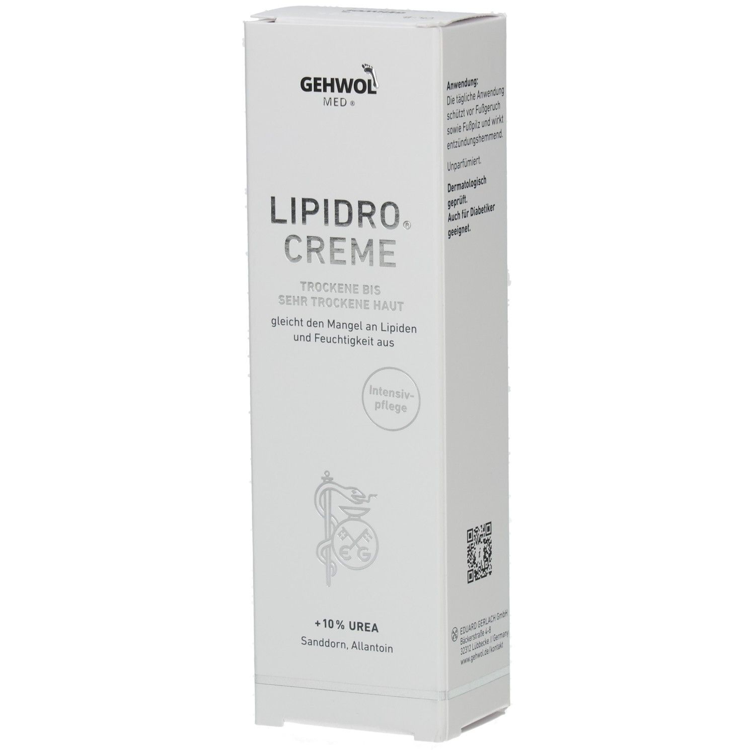 Weiße Verpackung mit Produktnamen LIPIDRO CREME. Enthält 10% Urea. Text: Trockene bis sehr trockene Haut. Marke: GEHWOL MED.