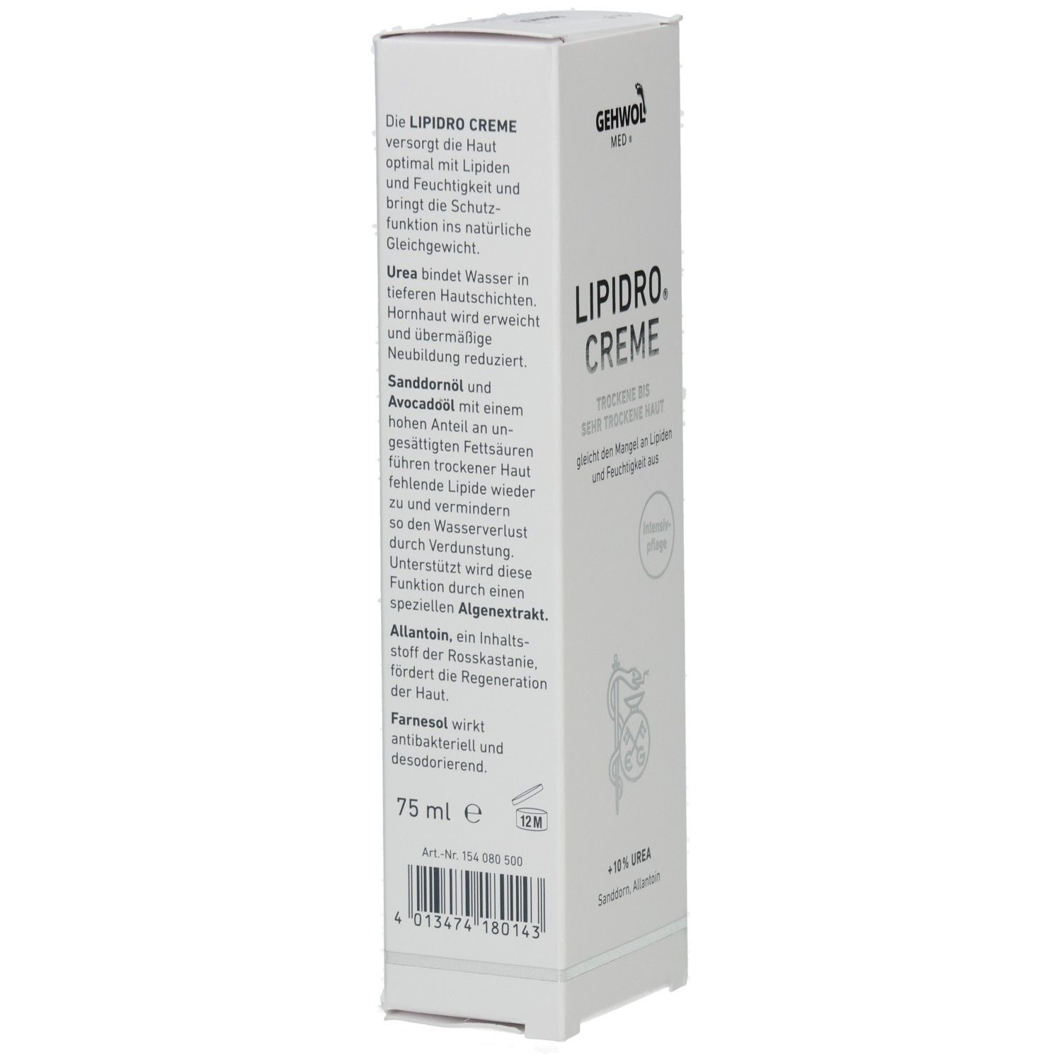 Weiße Verpackung mit Produktnamen LIPIDRO CREME. Text: Trockene bis sehr trockene Haut. Marke: GEHWOL MED. 75 ml.