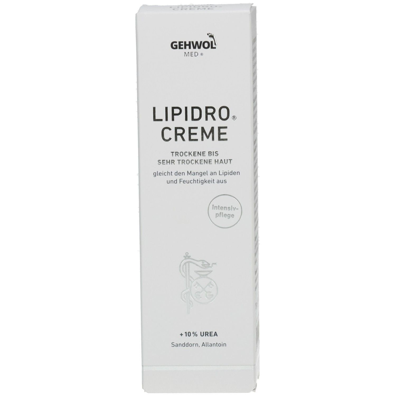 Weiße Verpackung mit Produktnamen LIPIDRO CREME. Text: Trockene bis sehr trockene Haut. Marke: GEHWOL MED. Enthält 10% Urea.