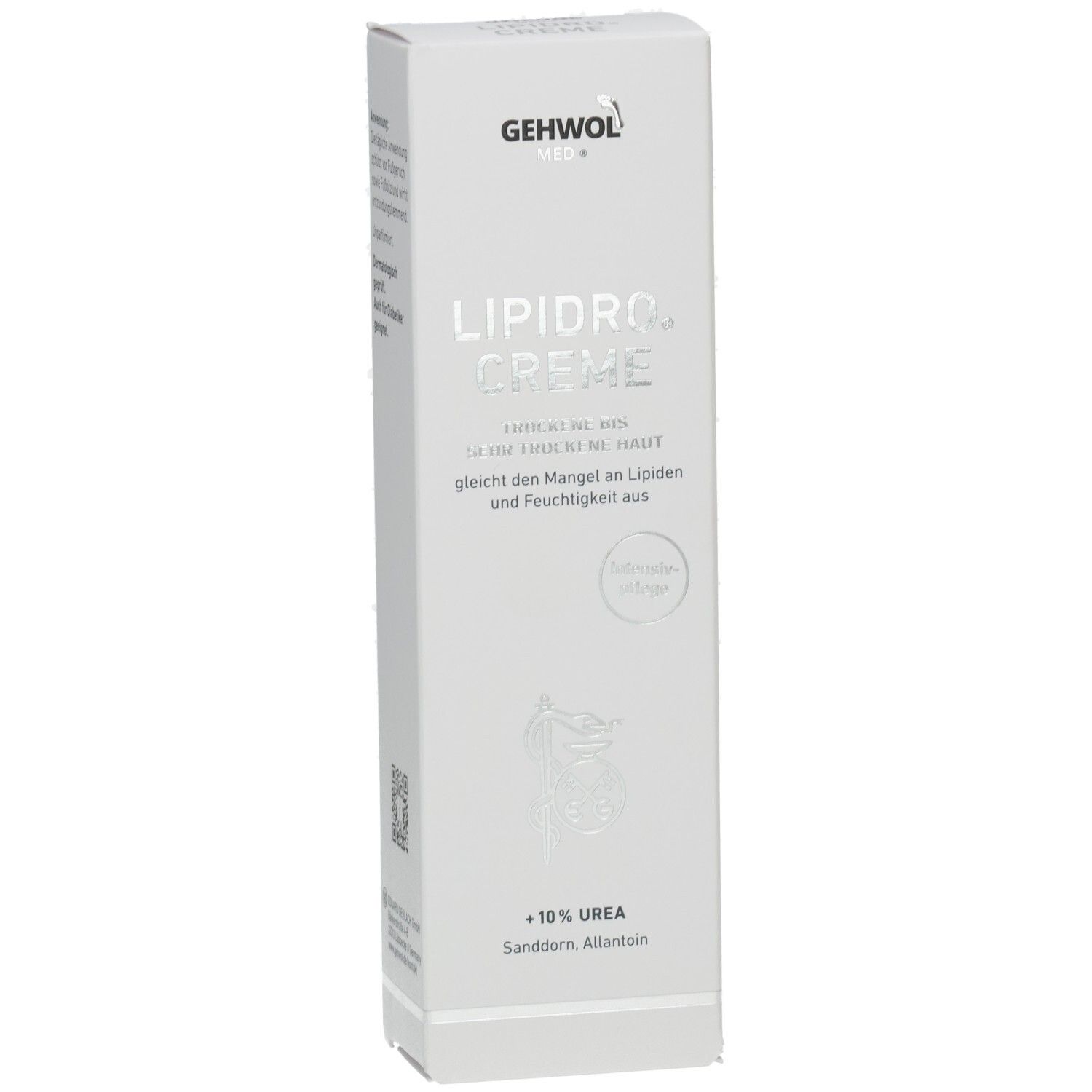Weiße Verpackung mit Produktnamen LIPIDRO CREME. Text: Trockene bis sehr trockene Haut. Marke: GEHWOL MED. Enthält 10% Urea.