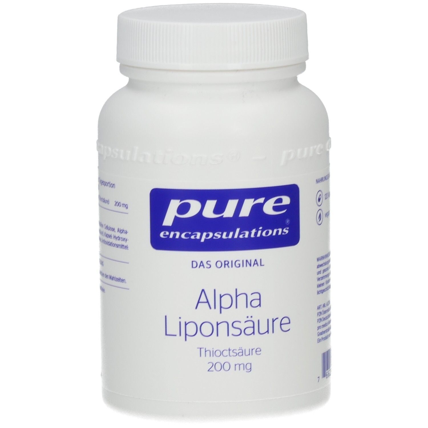 Weiße Flasche mit blauem Etikett. Aufschrift: pure encapsulations, Alpha Liponsäure, Thioctsäure 200 mg.