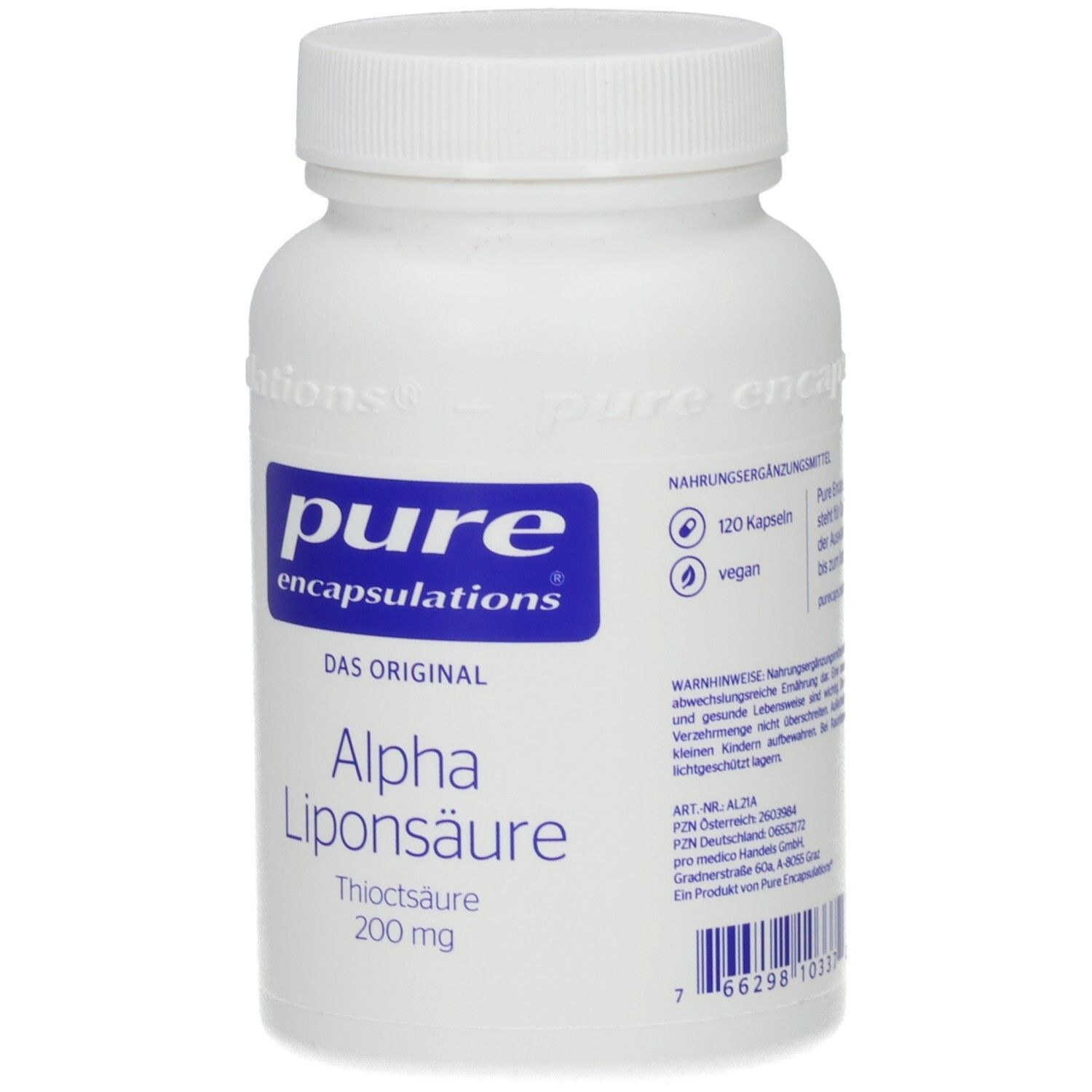Weiße Flasche mit blauem Etikett. Aufschrift: pure encapsulations, Alpha Liponsäure, Thioctsäure 200 mg. 120 Kapseln, vegan.