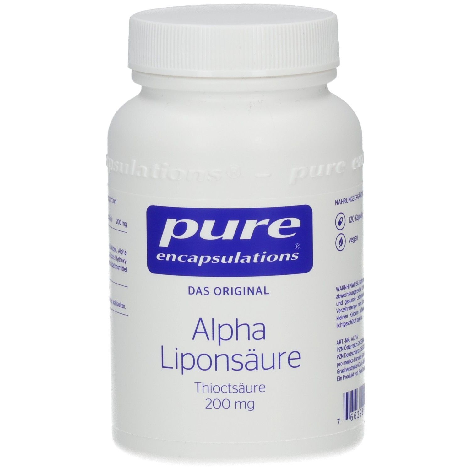 Weiße Flasche mit blauem Etikett. Aufschrift: pure encapsulations, Alpha Liponsäure, Thioctsäure 200 mg.