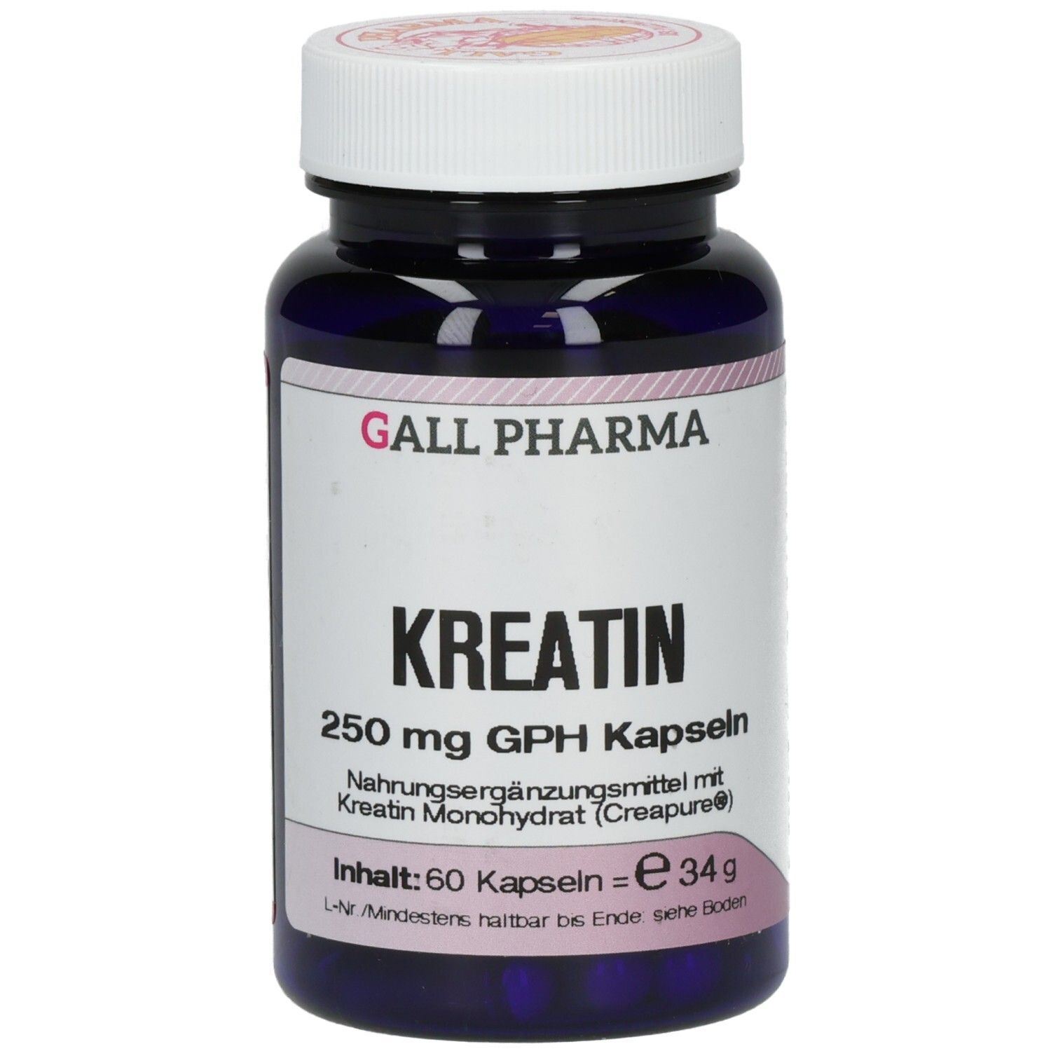 Dunkelblaue Kapsel-Dose mit weißem Deckel. Aufschrift: KREATIN 250 mg GPH Kapseln. Marke: GALL PHARMA.