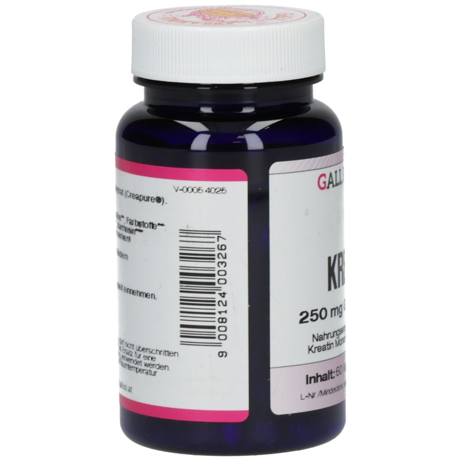 Rückseite einer dunkelblauen Kapsel-Dose mit weißem Deckel. Barcode und Textinformationen.