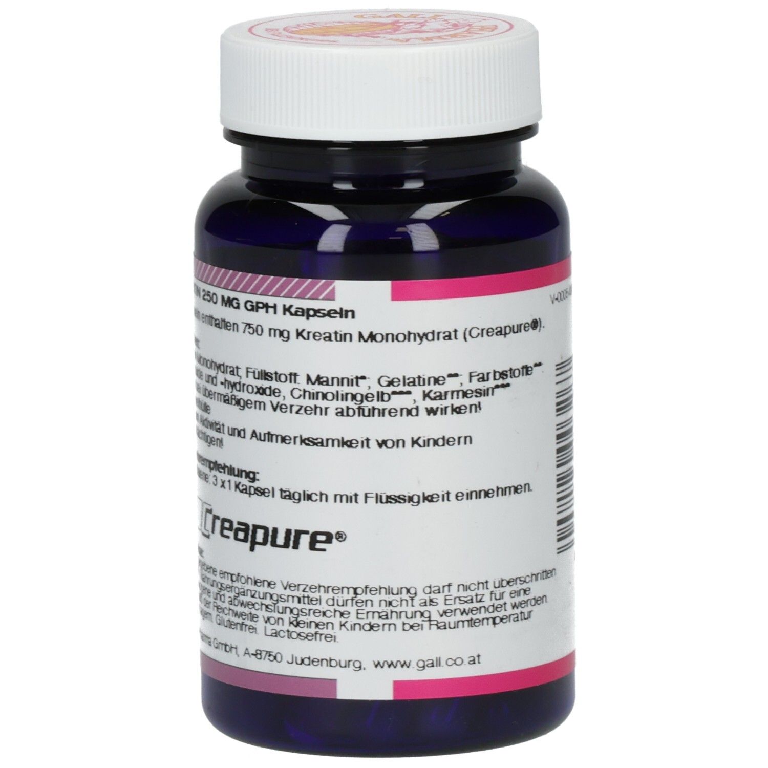 Dunkelblaue Kapsel-Dose mit weißem Deckel. Detailansicht der Rückseite mit Text.