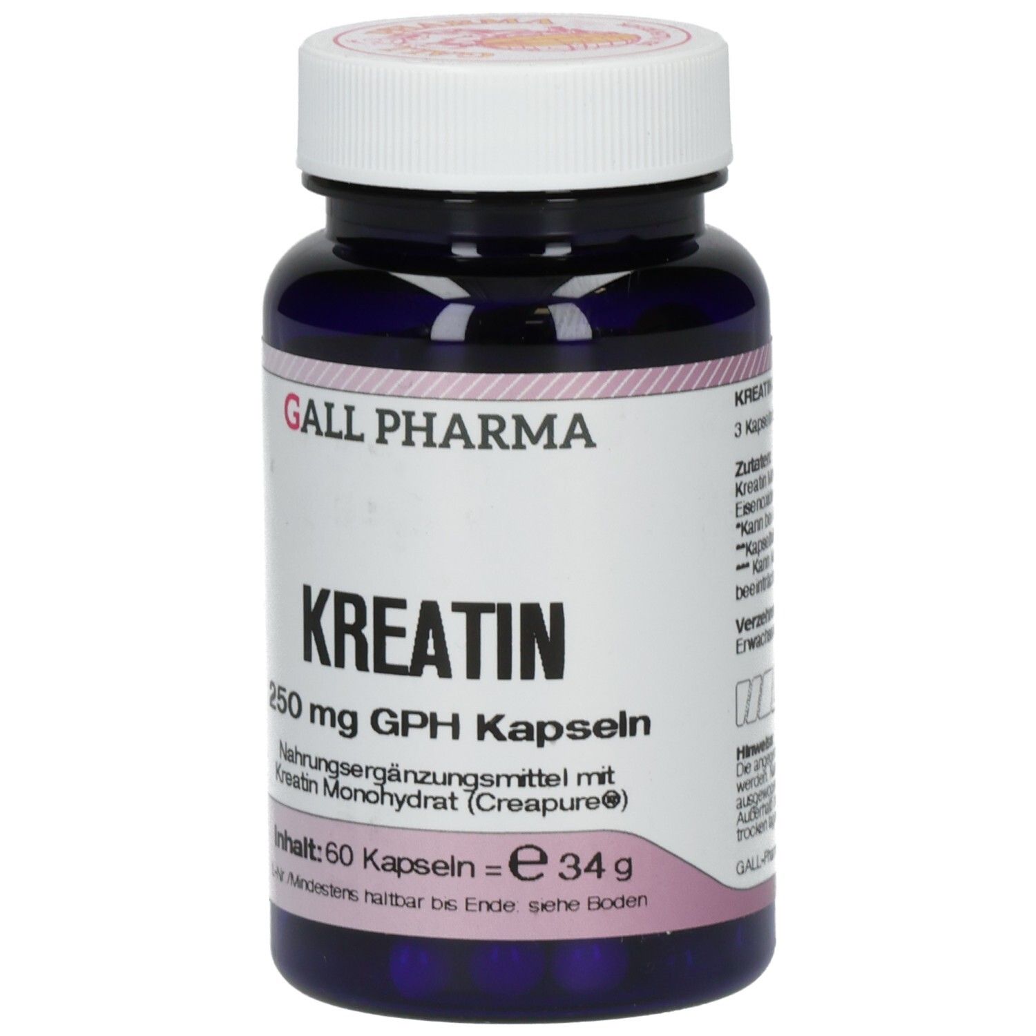 Dunkelblaue Kapsel-Dose mit weißem Deckel. Aufschrift: KREATIN 250 mg GPH Kapseln. Marke: GALL PHARMA.