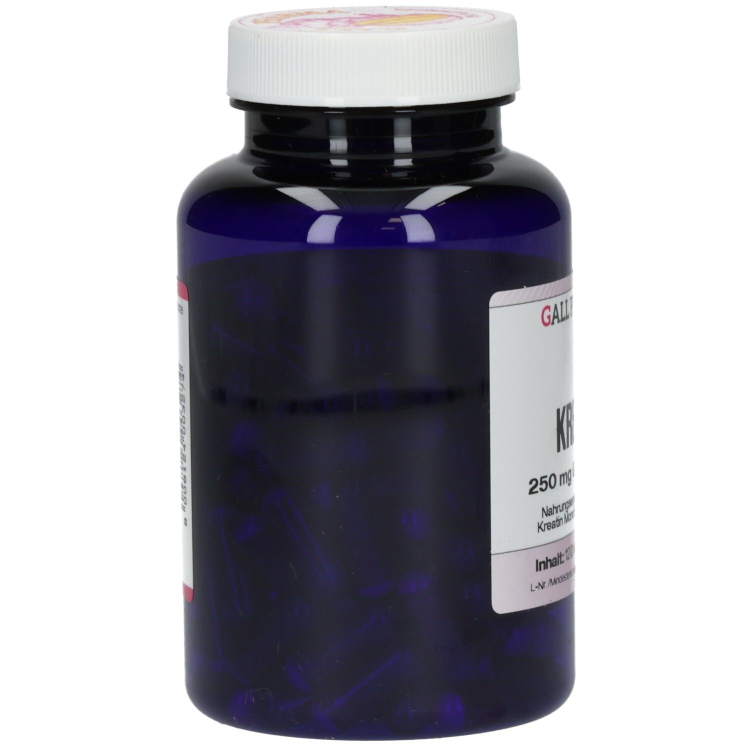 Blaue Flasche mit weißem Deckel. Aufschrift: GALL PHARMA, KREATIN 250 mg GPH Kapseln. Seitenansicht.