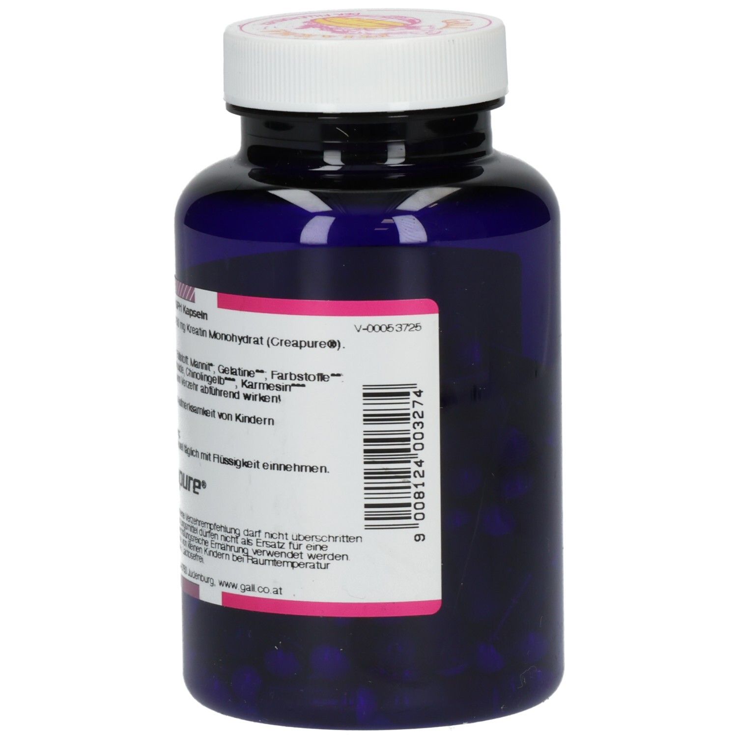 Blaue Flasche mit weißem Deckel. Rückseite mit Text. Aufschrift: GALL PHARMA, KREATIN 250 mg GPH Kapseln. Zutaten.