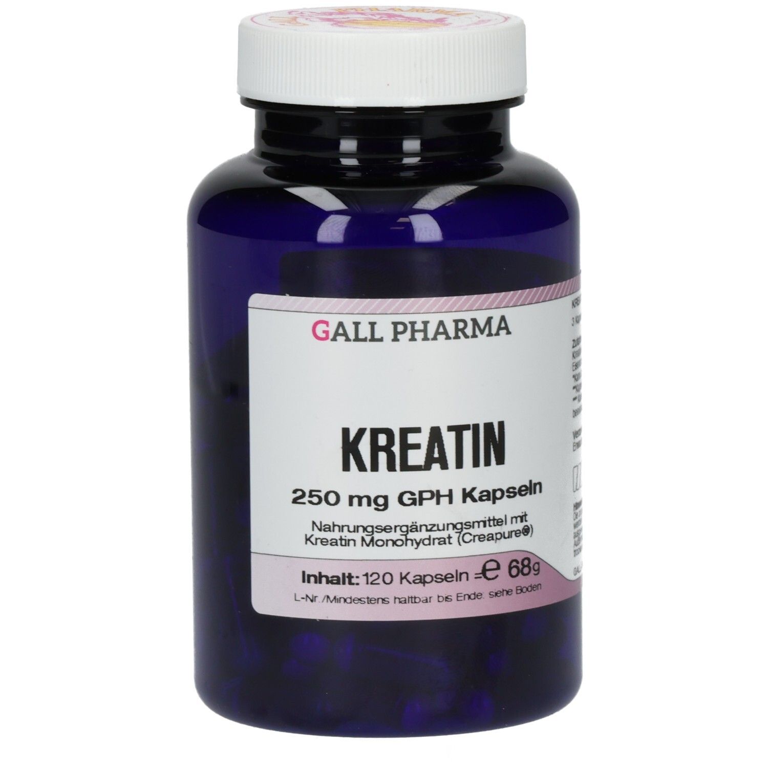 Blaue Flasche mit weißem Deckel. Aufschrift: GALL PHARMA, KREATIN 250 mg GPH Kapseln. Inhalt: 120 Kapseln.