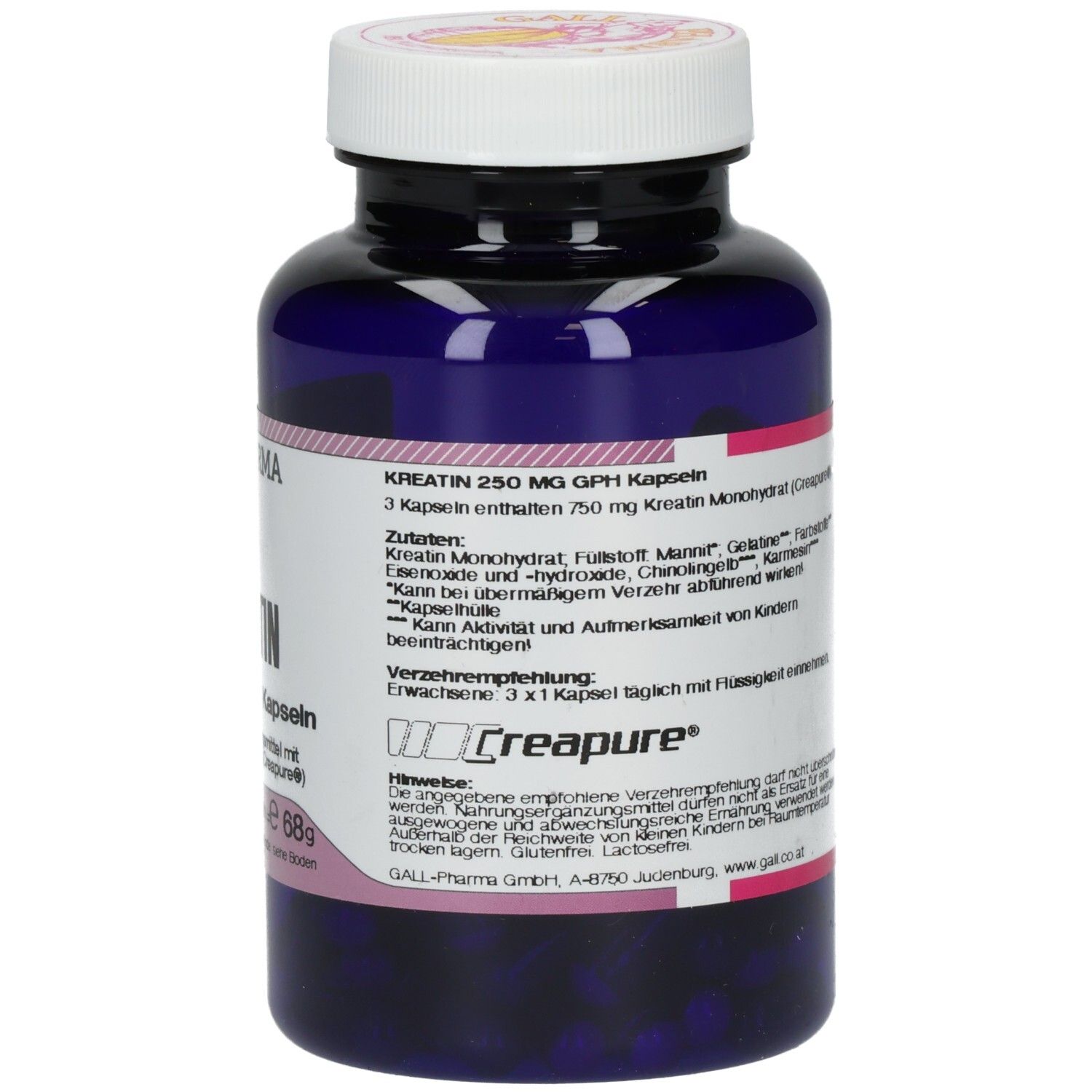 Blaue Flasche mit weißem Deckel. Rückseite mit Text. Aufschrift: KREATIN 250 mg GPH Kapseln. Zutaten und Hinweise.
