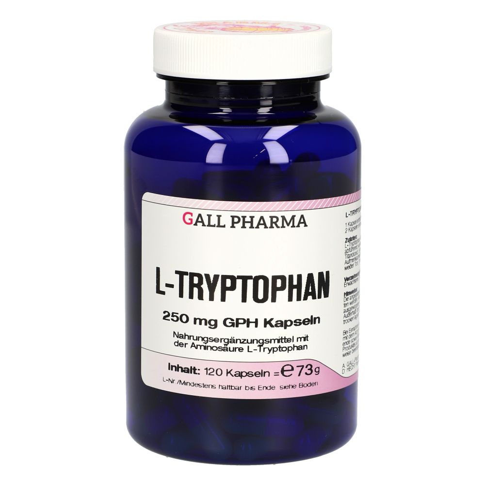 Blaue Flasche mit weißem Deckel. Aufschrift: GALL PHARMA L-Tryptophan 250 mg GPH Kapseln. Inhalt: 120 Kapseln.