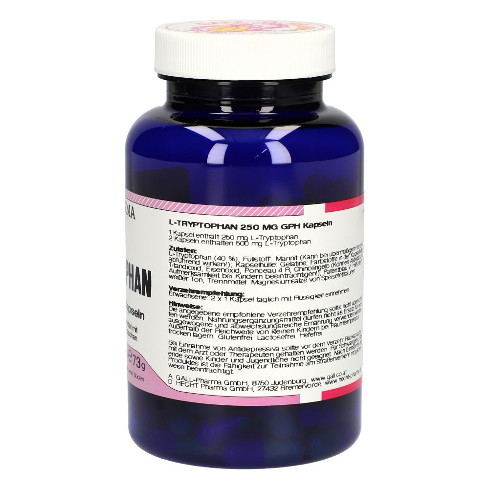 Blaue Flasche mit weißem Deckel. Aufschrift: GALL PHARMA L-Tryptophan 250 mg GPH Kapseln. Rückseite mit Text.