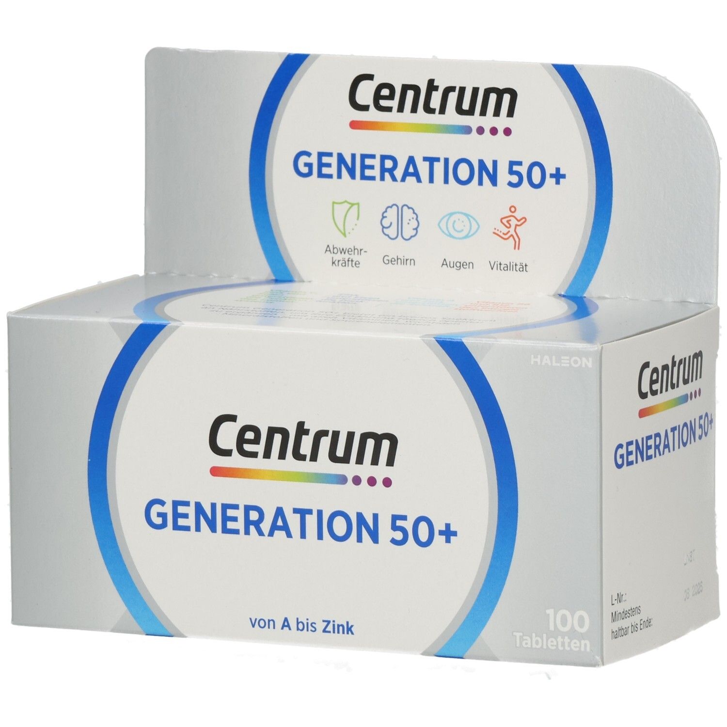 Verpackung von Centrum Generation 50+ mit Logo und Produktbezeichnung. Enthält 100 Tabletten. Aufdrucke: Abwehrkräfte, Gehirn, Augen, Vitalität.