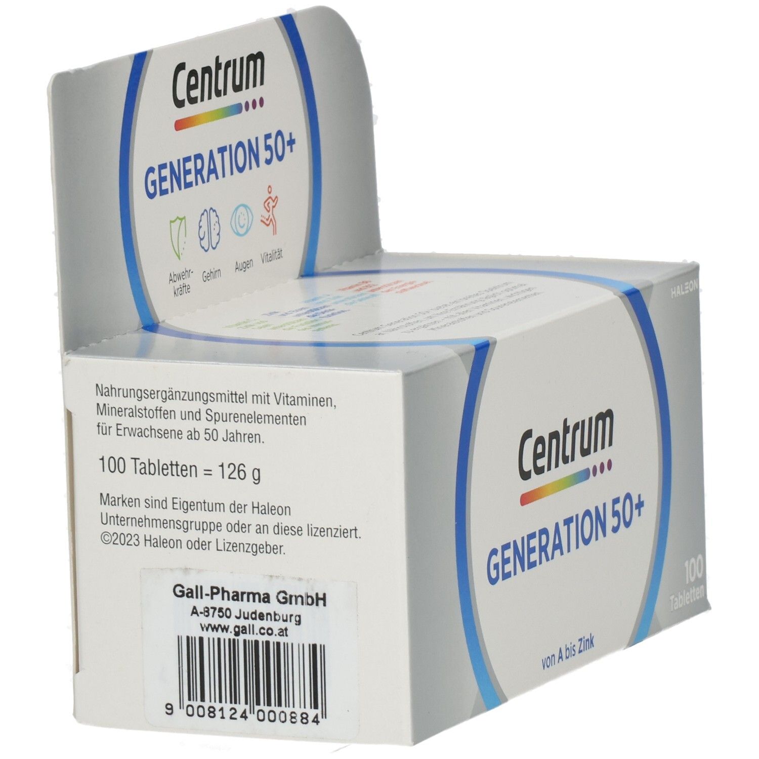 Seitenansicht der Centrum Generation 50+ Verpackung. Enthält Informationen zu Inhaltsstoffen und Hersteller. 100 Tabletten = 126 g.