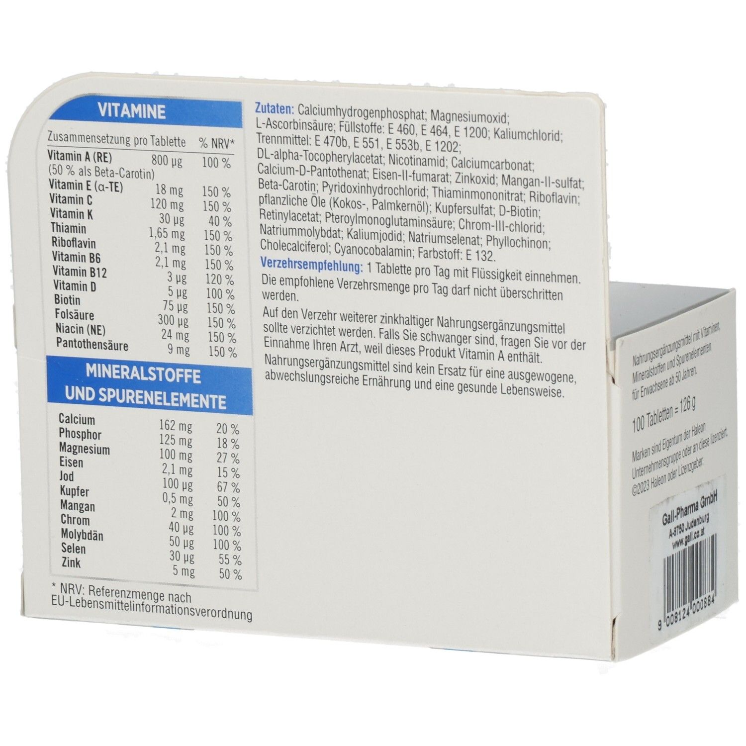 Rückseite der Centrum Generation 50+ Verpackung. Auflistung von Vitaminen, Mineralstoffen und Spurenelementen. Enthält Nährwertangaben.