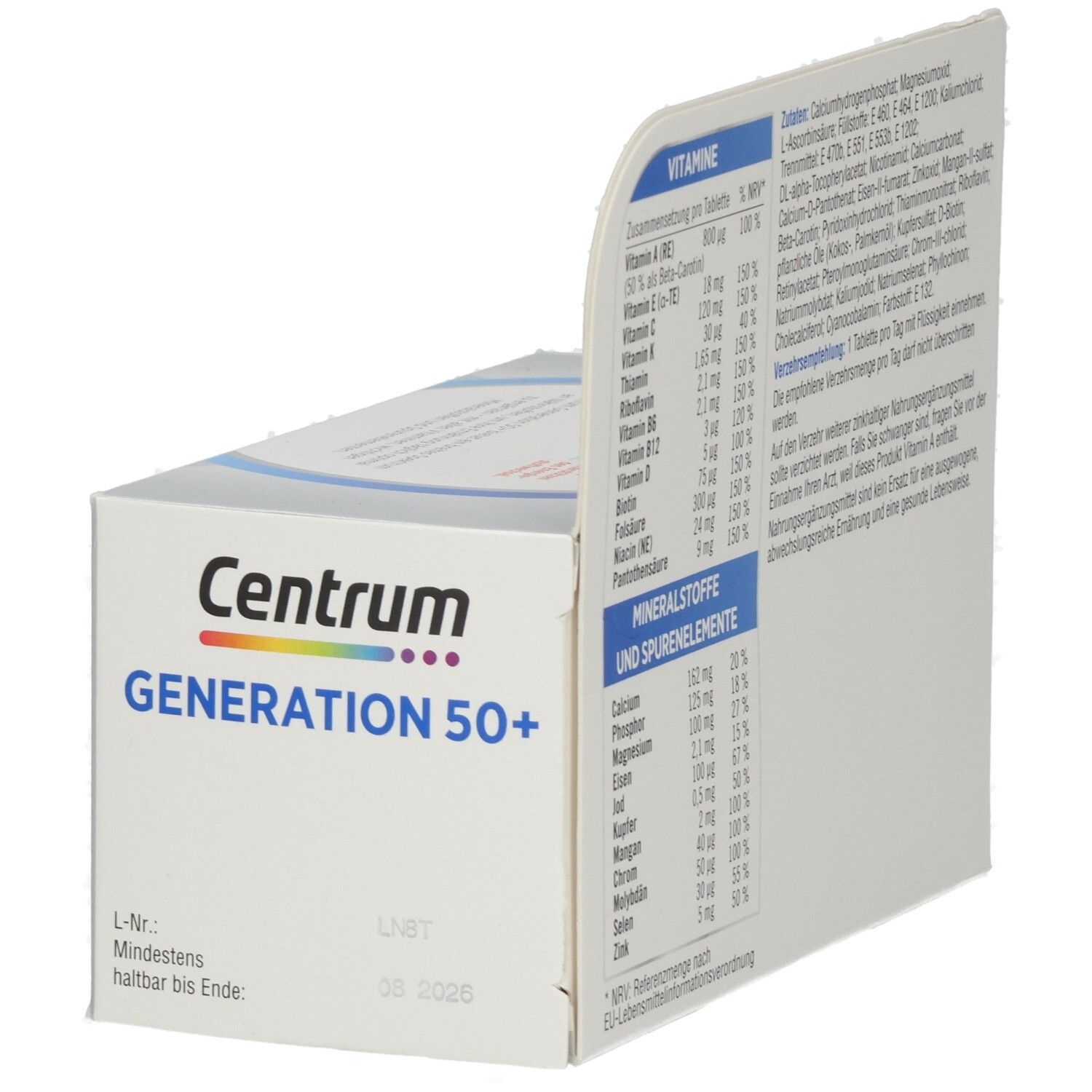 Geöffnete Centrum Generation 50+ Verpackung. Enthält Informationen zu Vitaminen, Mineralstoffen und Spurenelementen. Mindesthaltbarkeitsdatum.