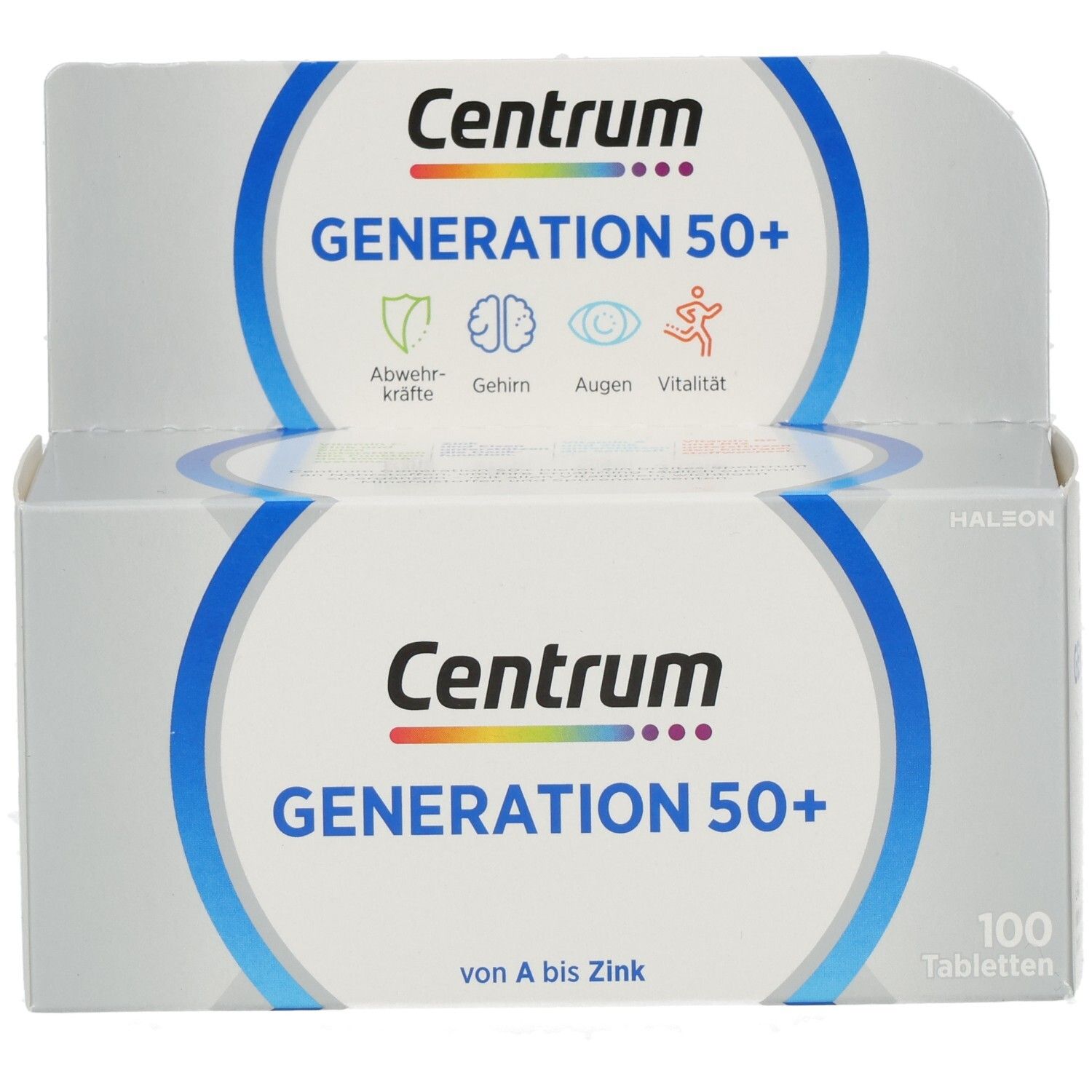 Zwei Packungen Centrum Generation 50+ nebeneinander. Logo und Produktbezeichnung deutlich sichtbar. Enthält 100 Tabletten.