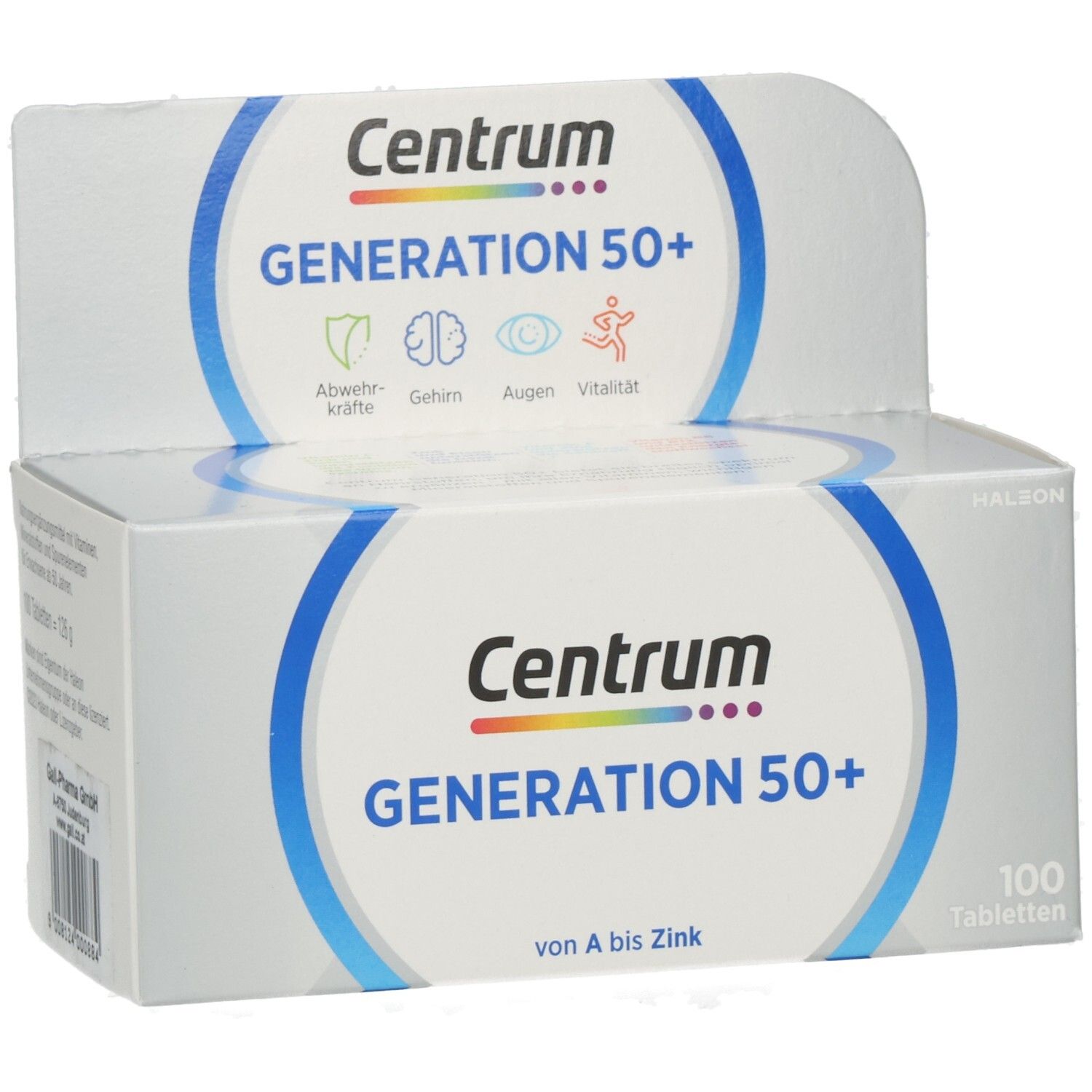 Centrum Generation 50+ Verpackung. Logo und Produktbezeichnung deutlich sichtbar. Enthält 100 Tabletten. Aufdrucke: Abwehrkräfte, Gehirn, Augen, Vitalität.
