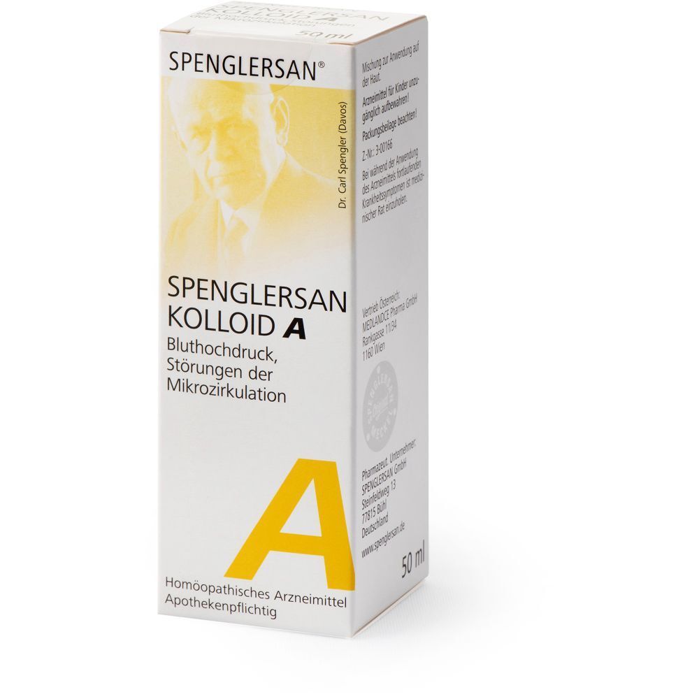Weiße Schachtel mit Produktaufdruck. Aufschrift: Spenglersan Kolloid A. Gelbes "A" unten. Apothekenpflichtig.