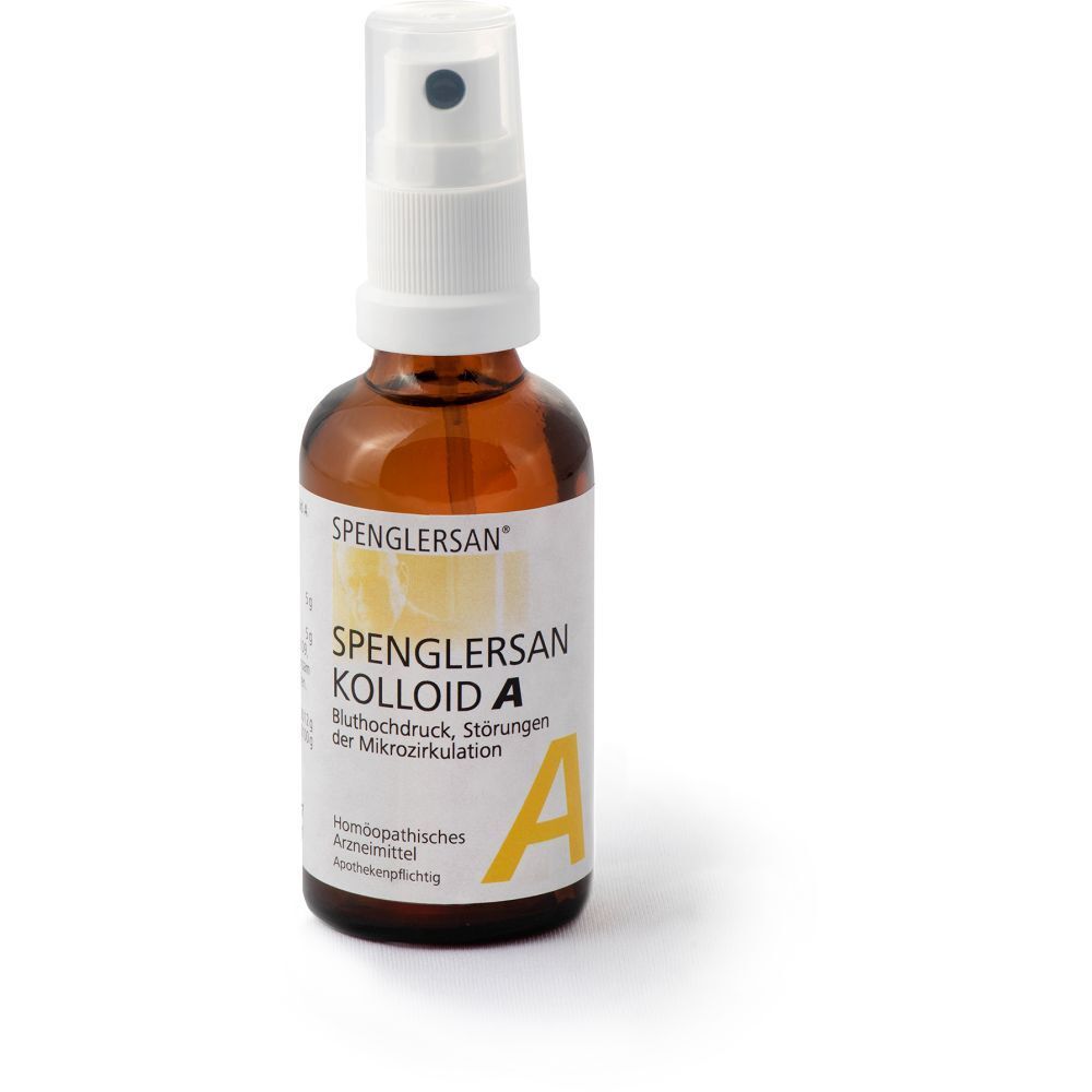 Braune Glasflasche mit Sprühkopf. Aufschrift: Spenglersan Kolloid A. Gelbes "A" auf Etikett. Homöopathisches Arzneimittel.