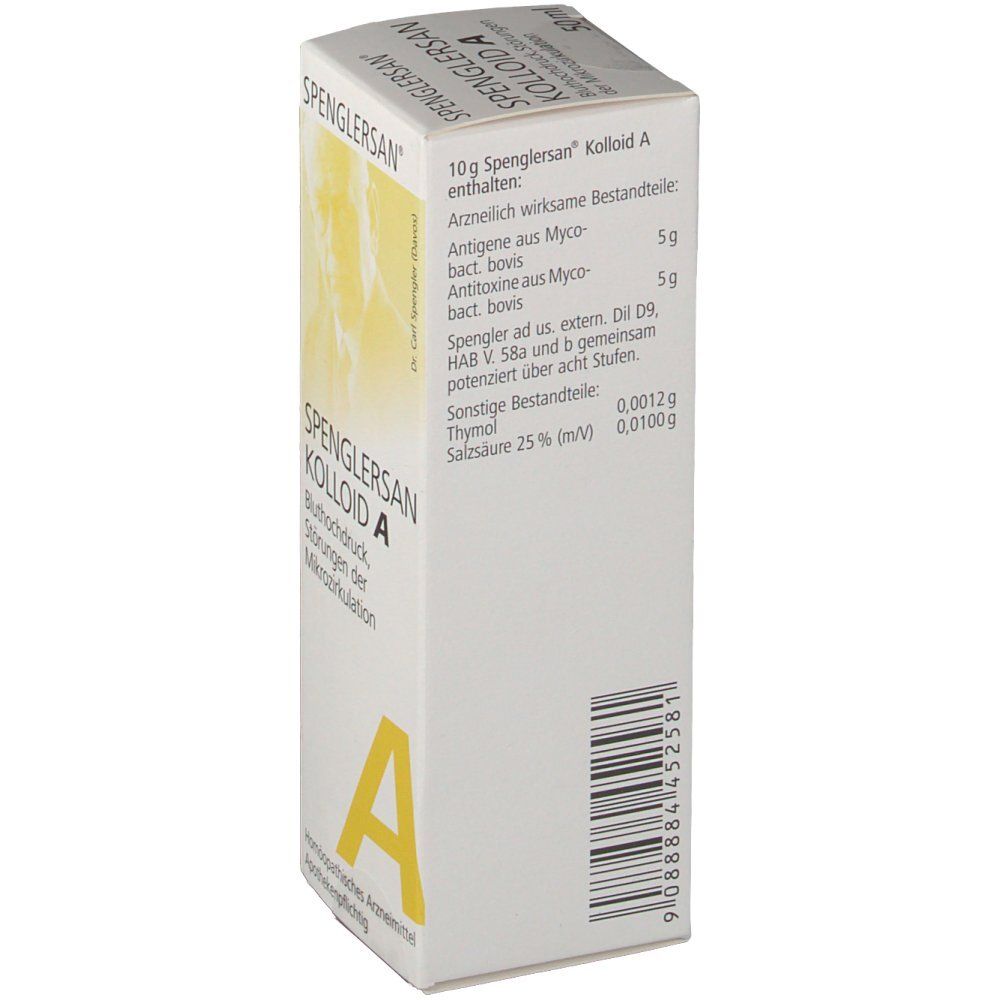 Weiße Schachtel mit Produktaufdruck. Aufschrift: Spenglersan Kolloid A. Gelbes "A" unten. Barcode und Inhaltsstoffe.