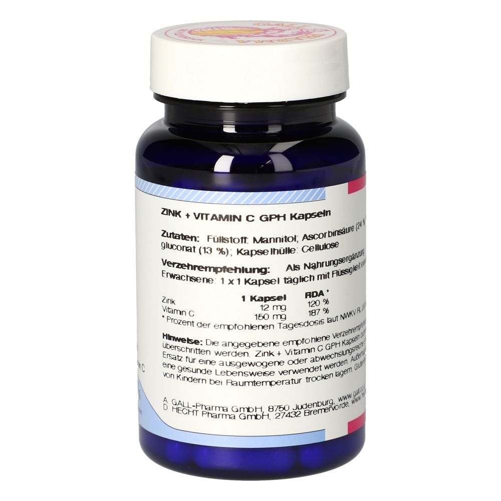 Rückseite der blauen Flasche. Text: Zink + Vitamin C GPH Kapseln. Zutaten, Verzehrempfehlung, Hinweise. Barcode.