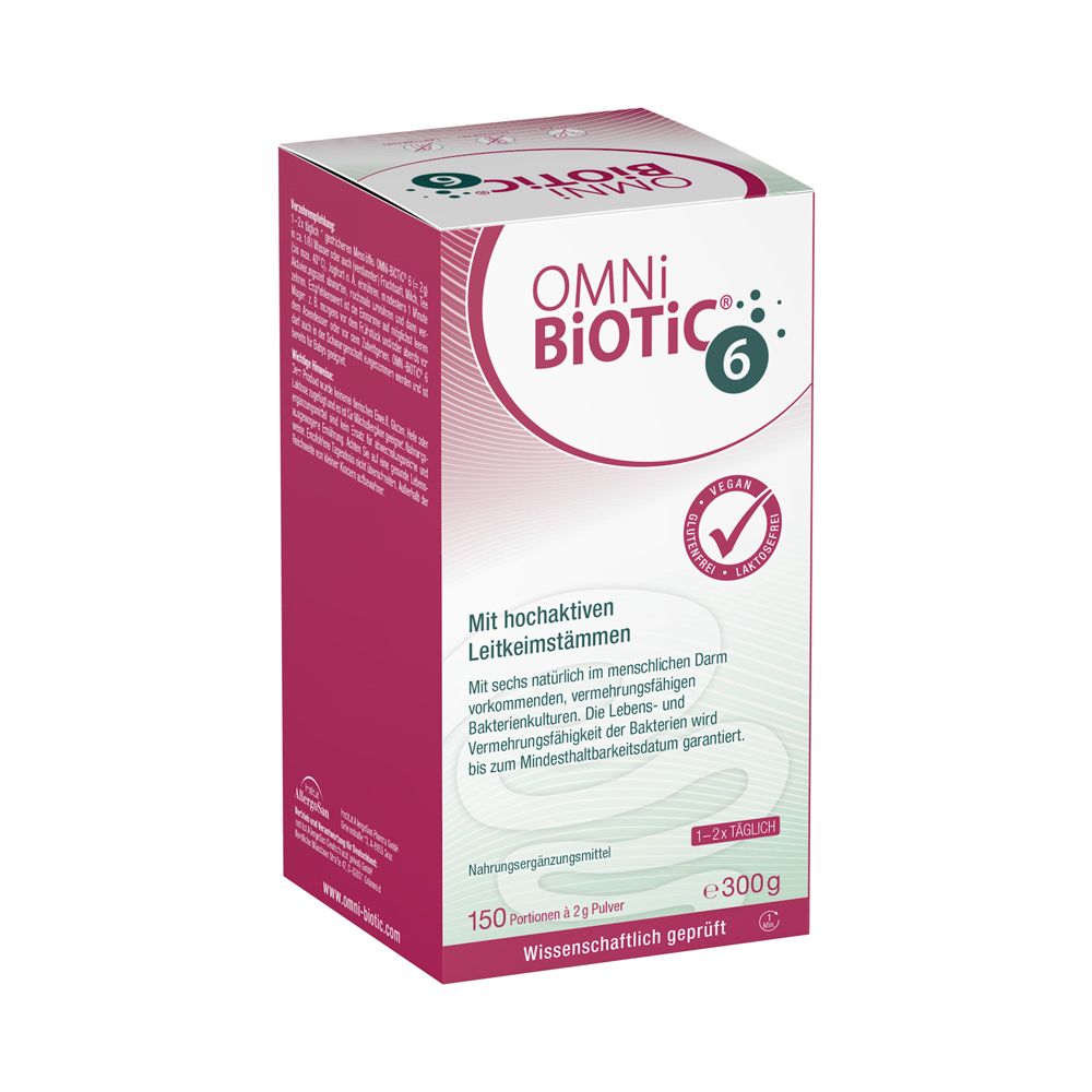 OMNi BiOTiC® 6 Packung mit 300g Pulver. Enthält sechs hochaktive Leitkeimstämme.