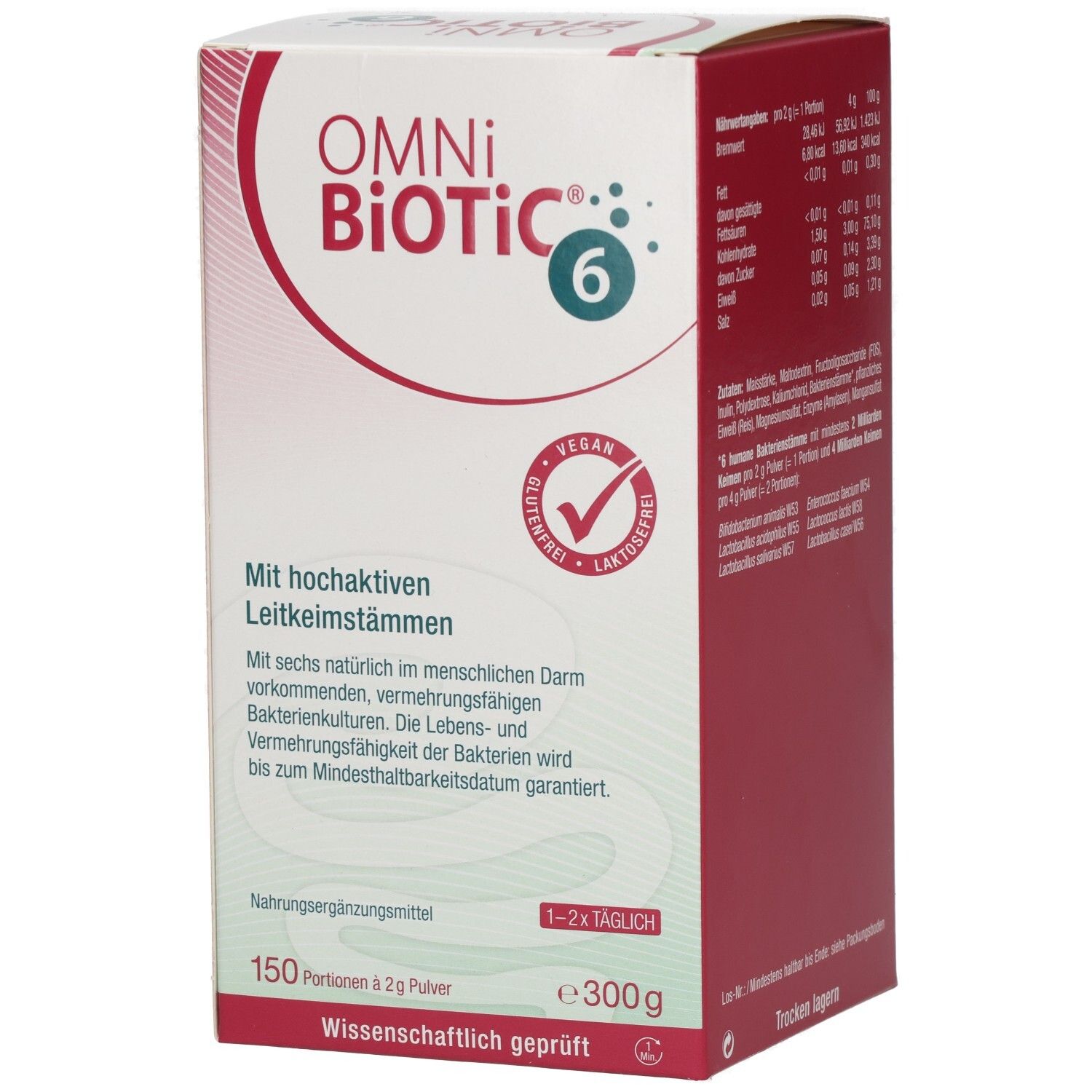 OMNi BiOTiC® 6-Verpackung. Rote und weiße Schachtel mit Produktinformationen. Vegan, glutenfrei, laktosefrei.