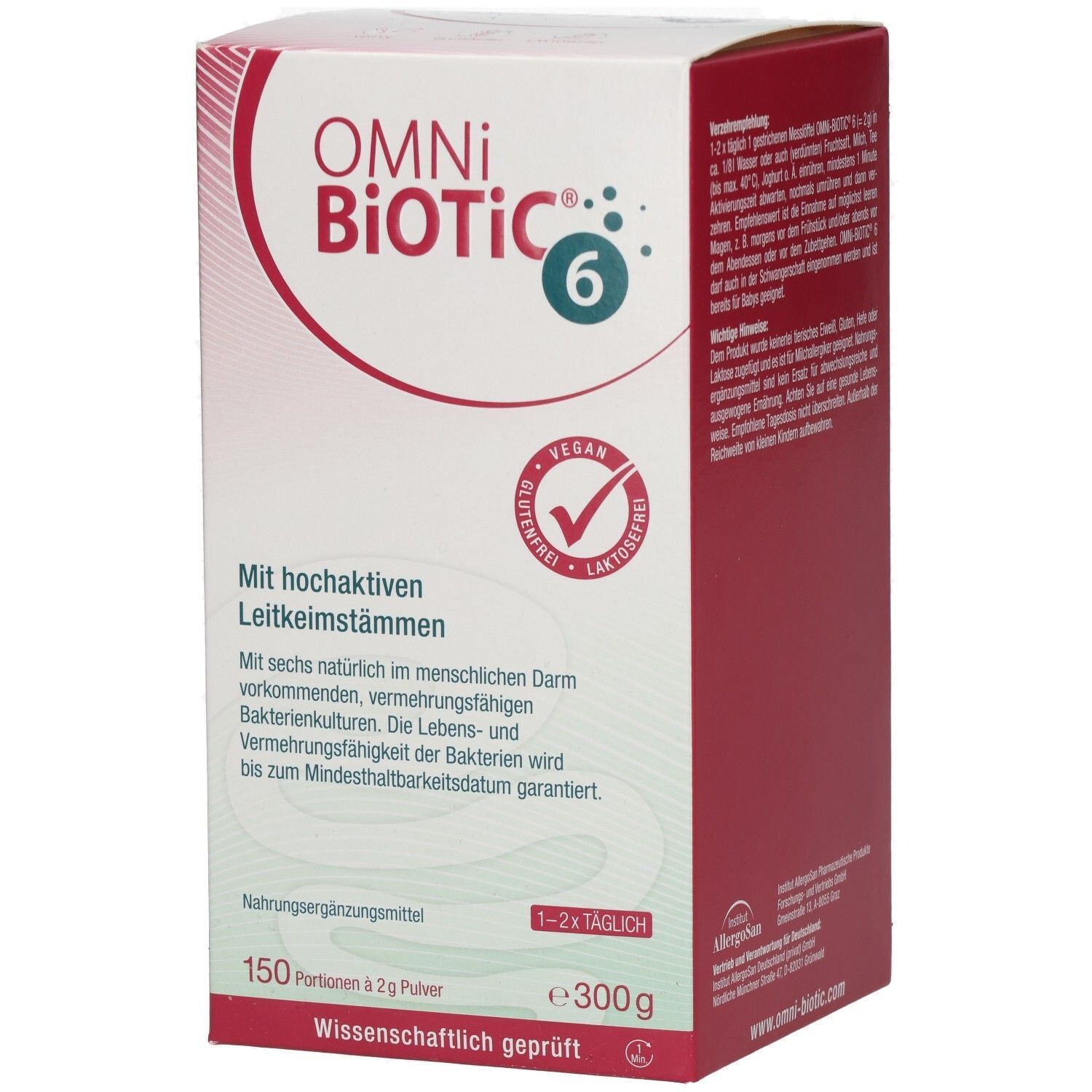 OMNi BiOTiC® 6-Verpackung. Rote und weiße Schachtel mit Produktinformationen. Vegan, glutenfrei, laktosefrei.