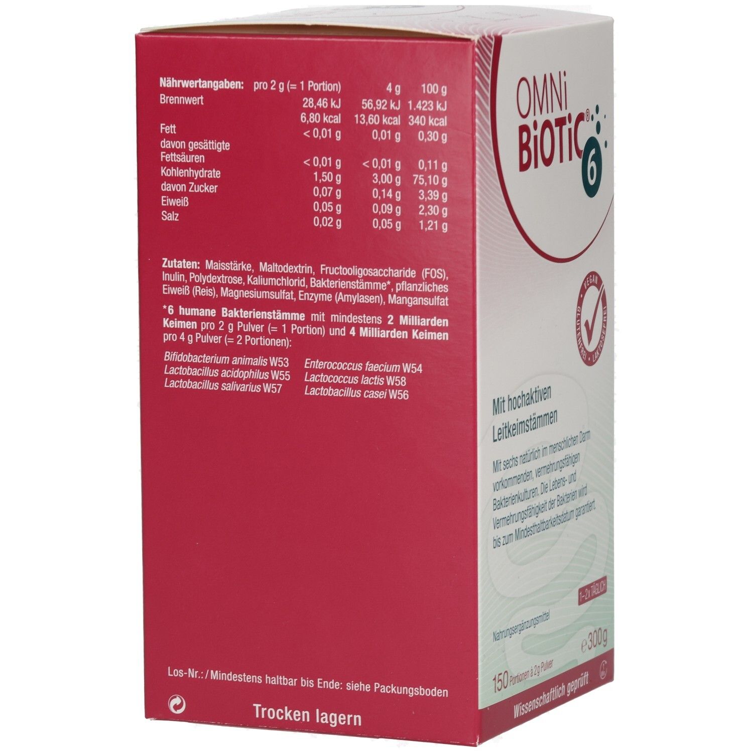 Rückseite der OMNi BiOTiC® 6-Verpackung. Nährwertangaben und Inhaltsstoffe. Vegan, glutenfrei, laktosefrei.
