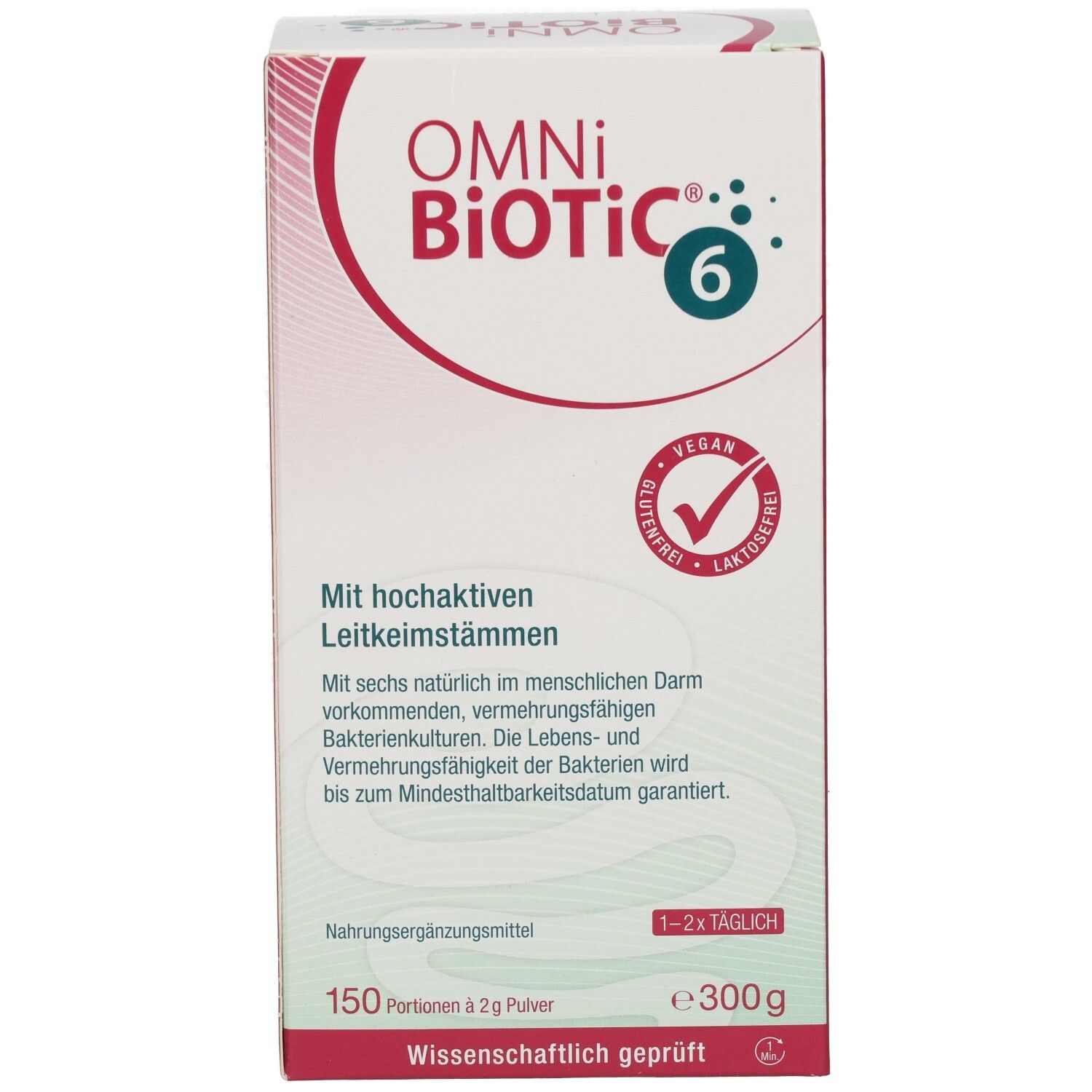 Braune Glasflasche mit weißem Deckel. OMNi BiOTiC® 6-Etikett. Enthält Pulver. Vegan, glutenfrei, laktosefrei.