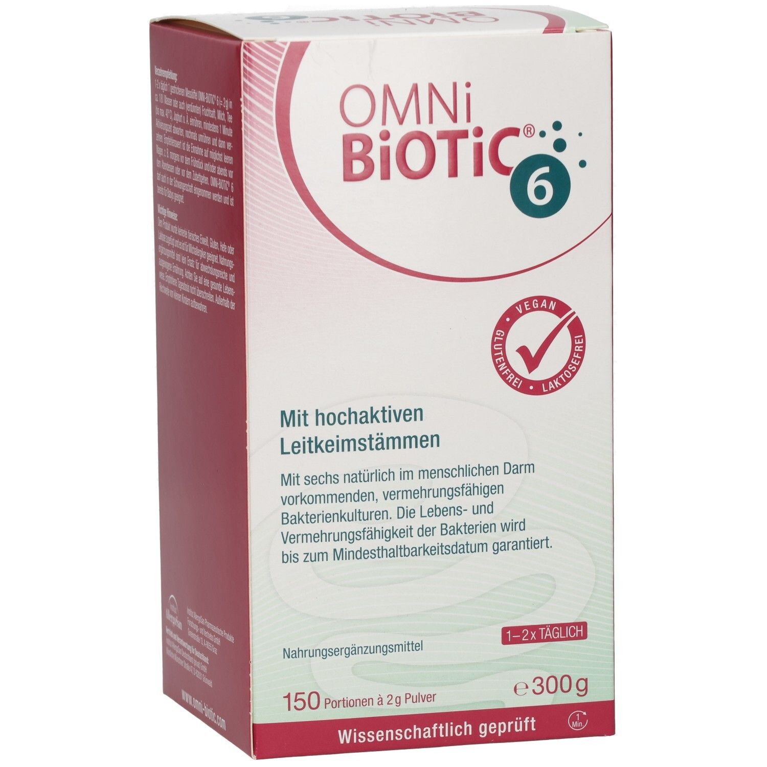 OMNi BiOTiC® 6-Verpackung. Rote und weiße Schachtel mit Produktinformationen. Vegan, glutenfrei, laktosefrei.