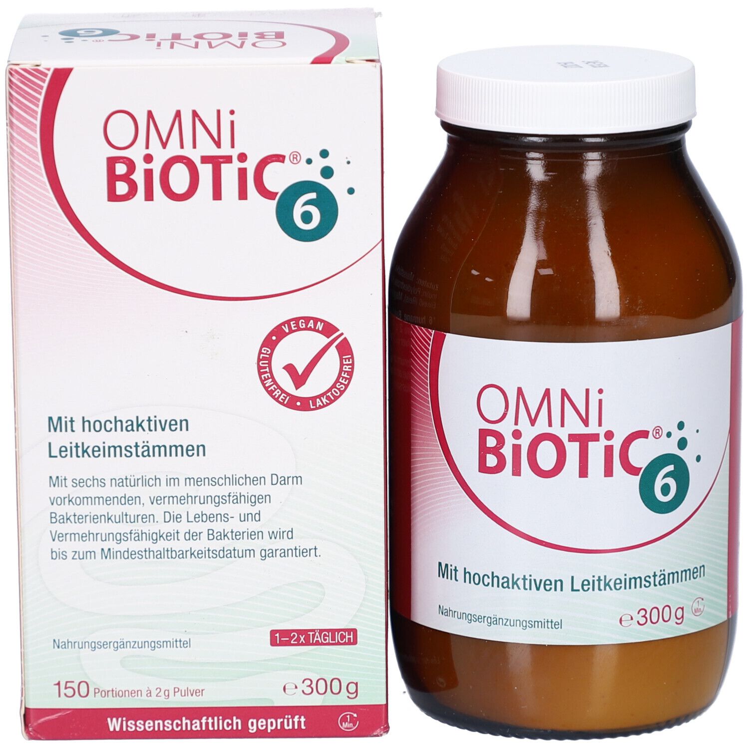 OMNi BiOTiC® 6-Verpackung und Flasche. Rote und weiße Schachtel, braune Flasche. Vegan, glutenfrei, laktosefrei.