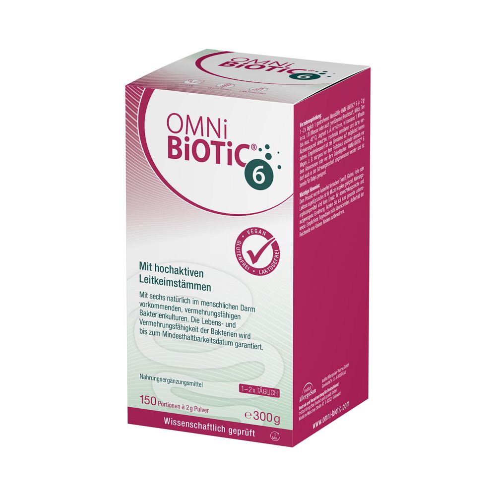 OMNi BiOTiC® 6 Packung, Vorderseite mit Produktinformationen und 300g Inhalt.
