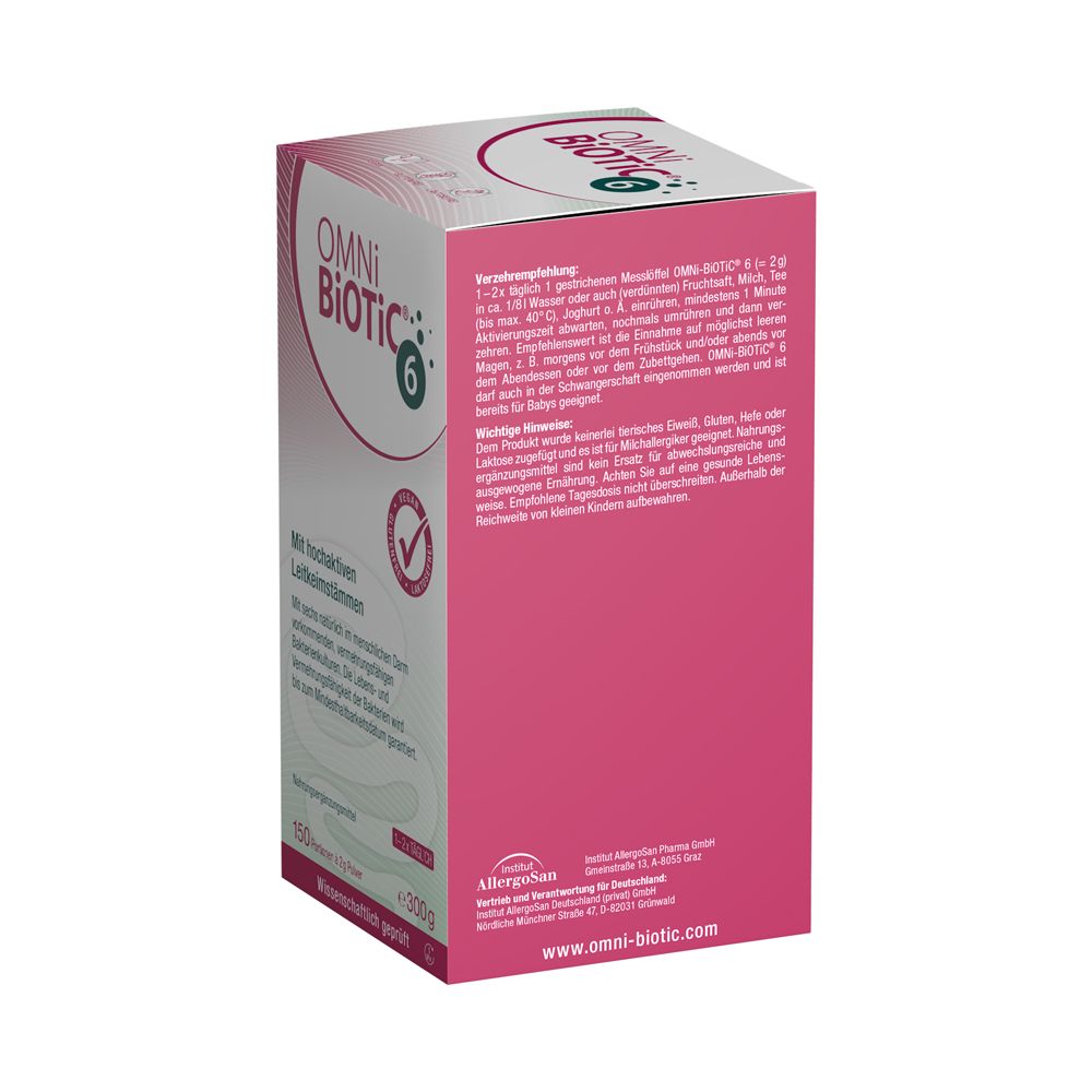OMNi BiOTiC® 6 Packung, Rückseite mit detaillierten Anwendungshinweisen und Inhaltsstoffen.