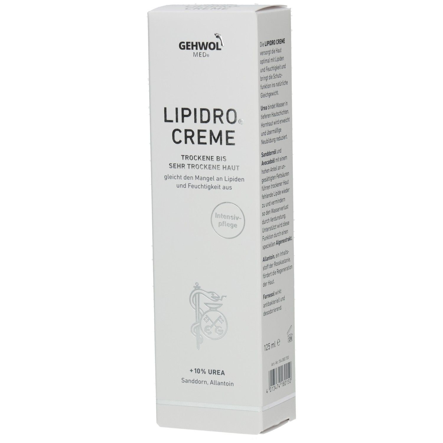 Weiße Faltschachtel mit GEHWOL MED Lipidro Creme. Text: Trockene bis sehr trockene Haut. Enthält 10% Urea. Apotheken-Logo.