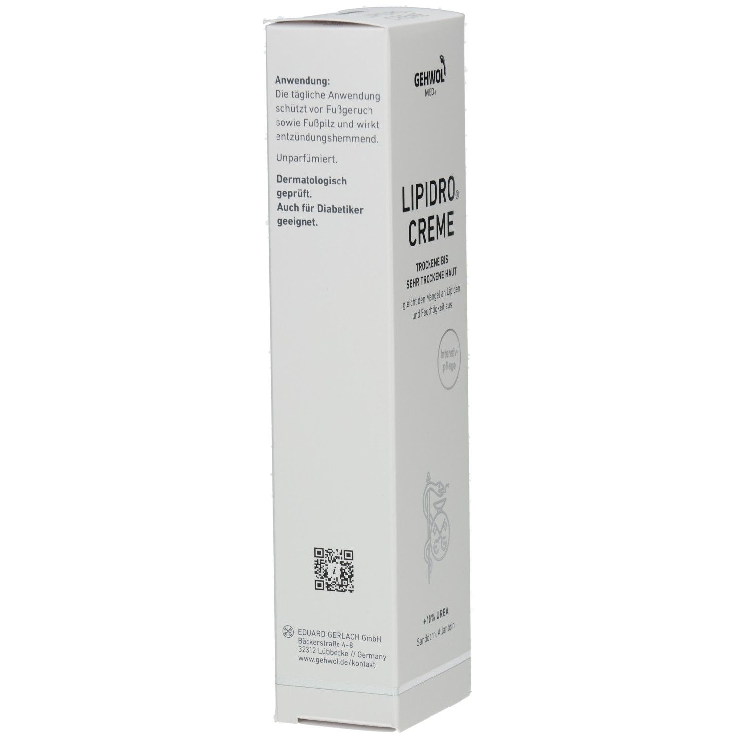 Weiße Faltschachtel GEHWOL MED Lipidro Creme. Text: Auch für Diabetiker geeignet. QR-Code. Logo. Rückseite mit Text.