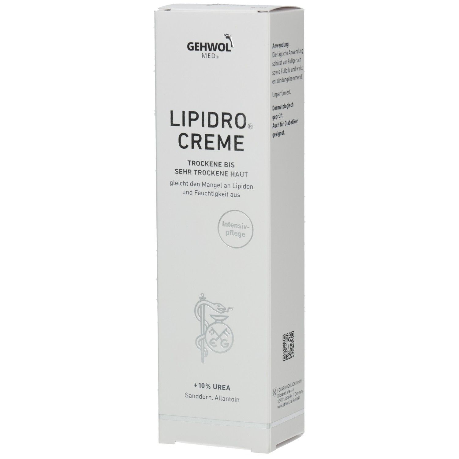 Weiße Faltschachtel GEHWOL MED Lipidro Creme. Text: Trockene bis sehr trockene Haut. Enthält 10% Urea. Apotheken-Logo.