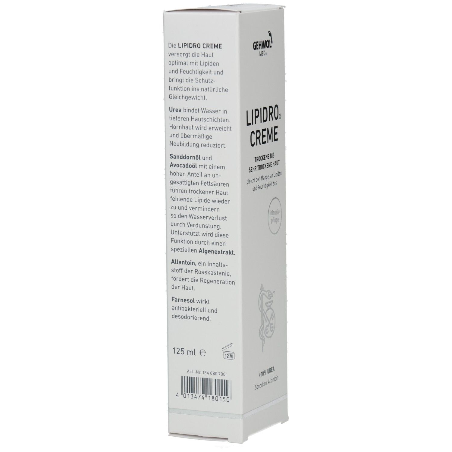 Weiße Faltschachtel GEHWOL MED Lipidro Creme. Text auf der Seite. Enthält 125 ml. Apotheken-Logo. Barcode.