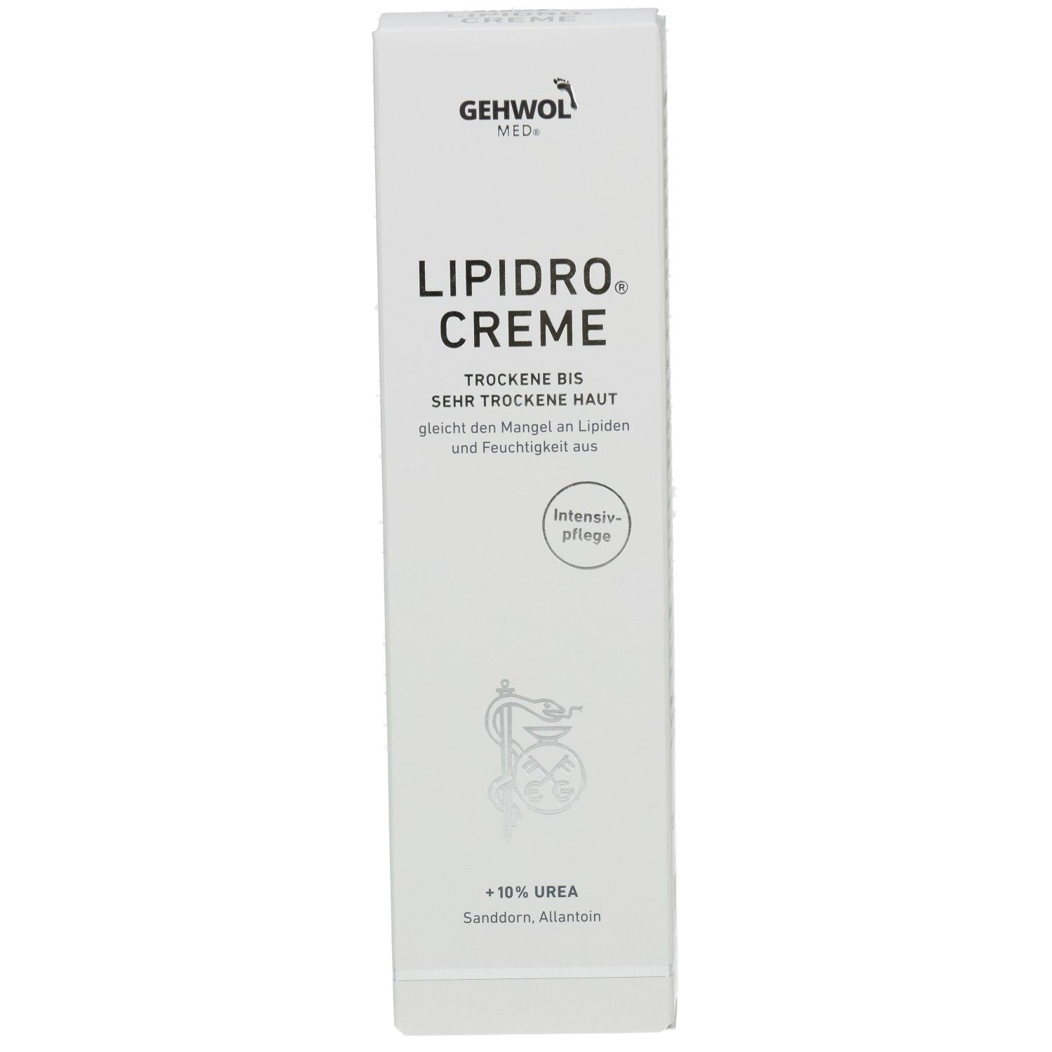 Weiße Faltschachtel GEHWOL MED Lipidro Creme. Text: Trockene bis sehr trockene Haut. Enthält 10% Urea. Apotheken-Logo.