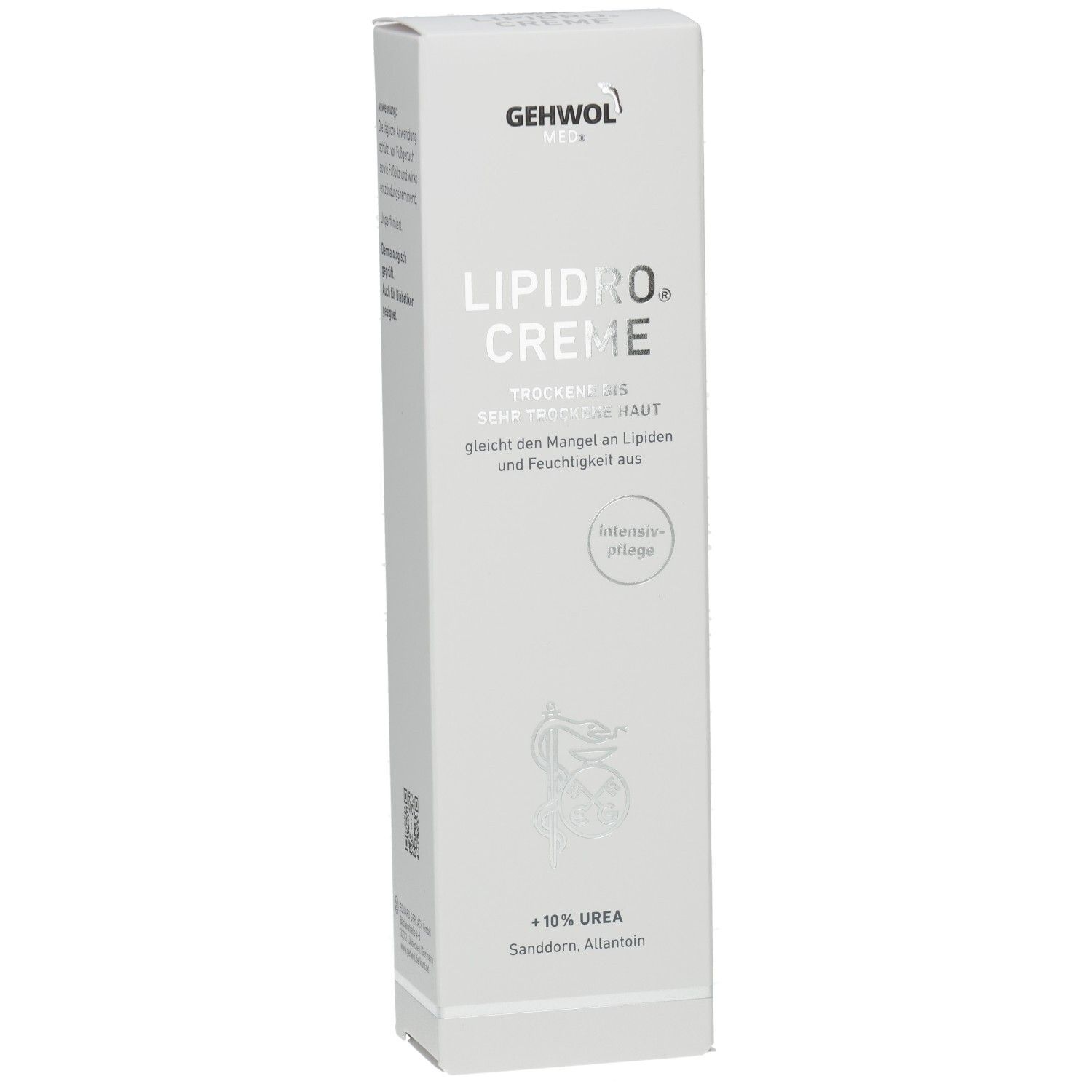 Weiße Faltschachtel GEHWOL MED Lipidro Creme. Text: Trockene bis sehr trockene Haut. Enthält 10% Urea. Apotheken-Logo.