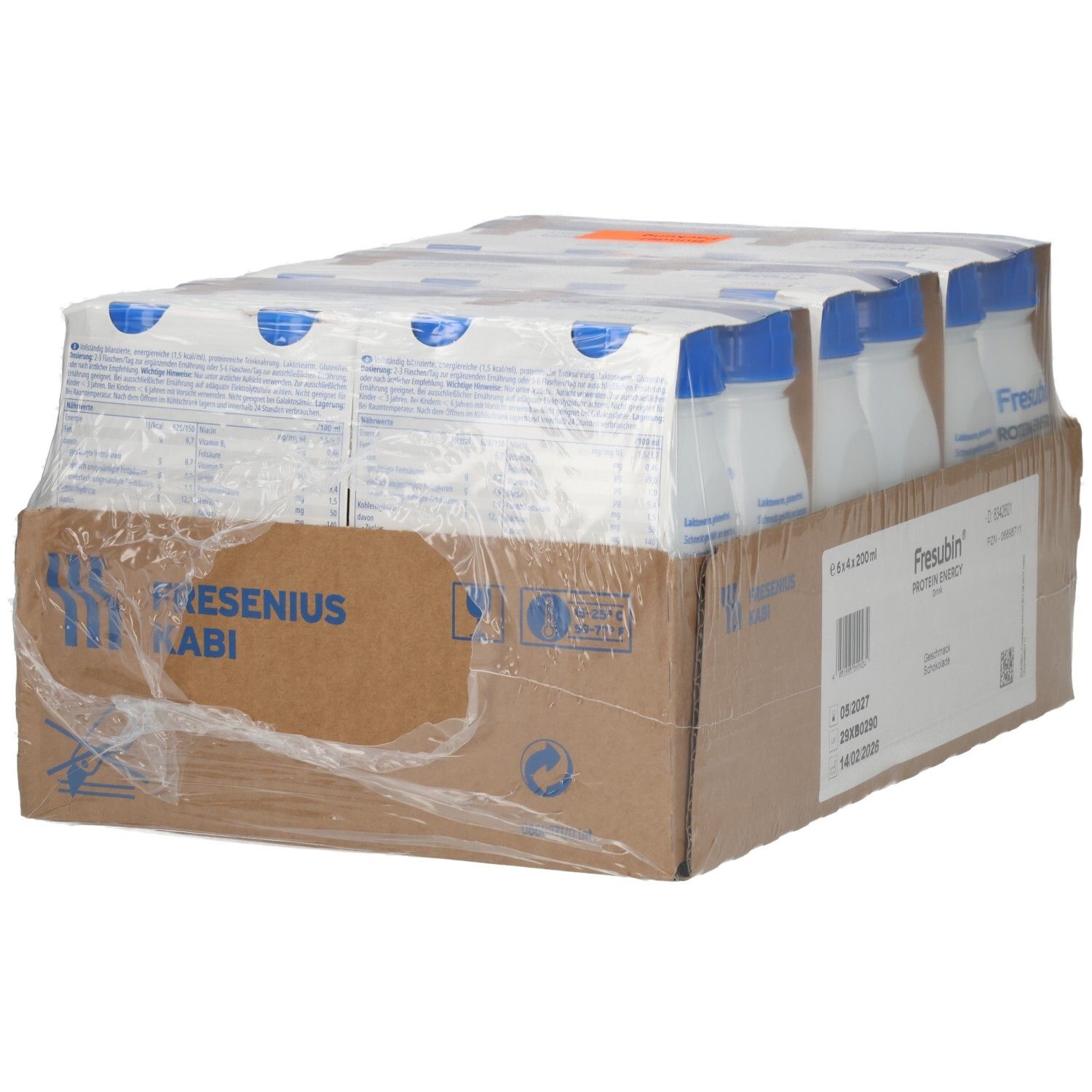 FRESUBIN PROTEIN ENERGY Drink Schokolade, Rückseite des Kartons mit 6x4x200ml Flaschen.