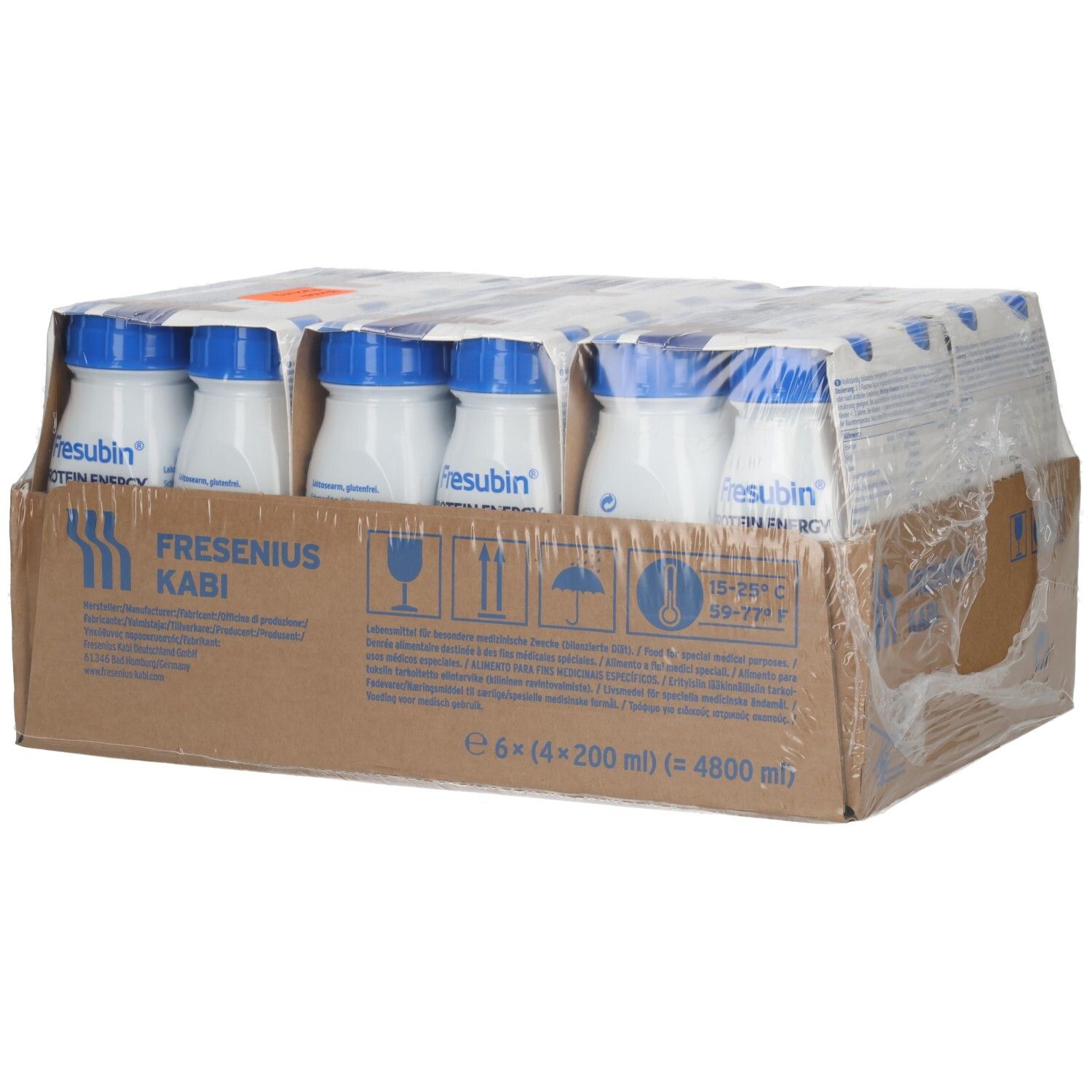 FRESUBIN PROTEIN ENERGY Drink Schokolade, Karton mit 6x4x200ml Flaschen, Ansicht von der Seite.