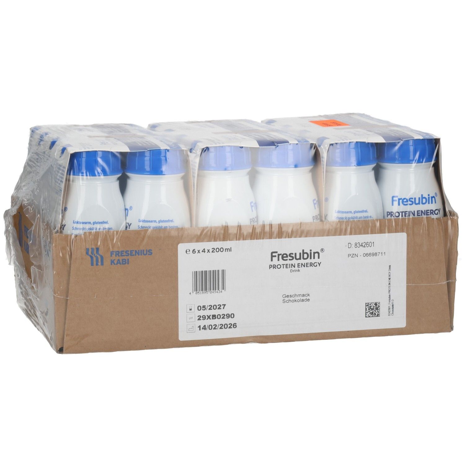 FRESUBIN PROTEIN ENERGY Drink Schokolade, Karton mit 24x200ml Flaschen, Etikettendetails.