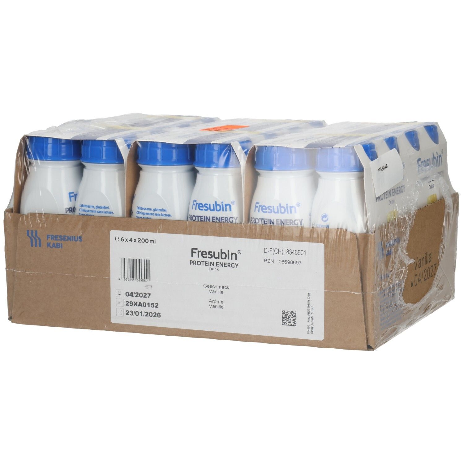 Fünf Flaschen Fresubin Protein Energy Drink Vanille in einer Kartonverpackung.
